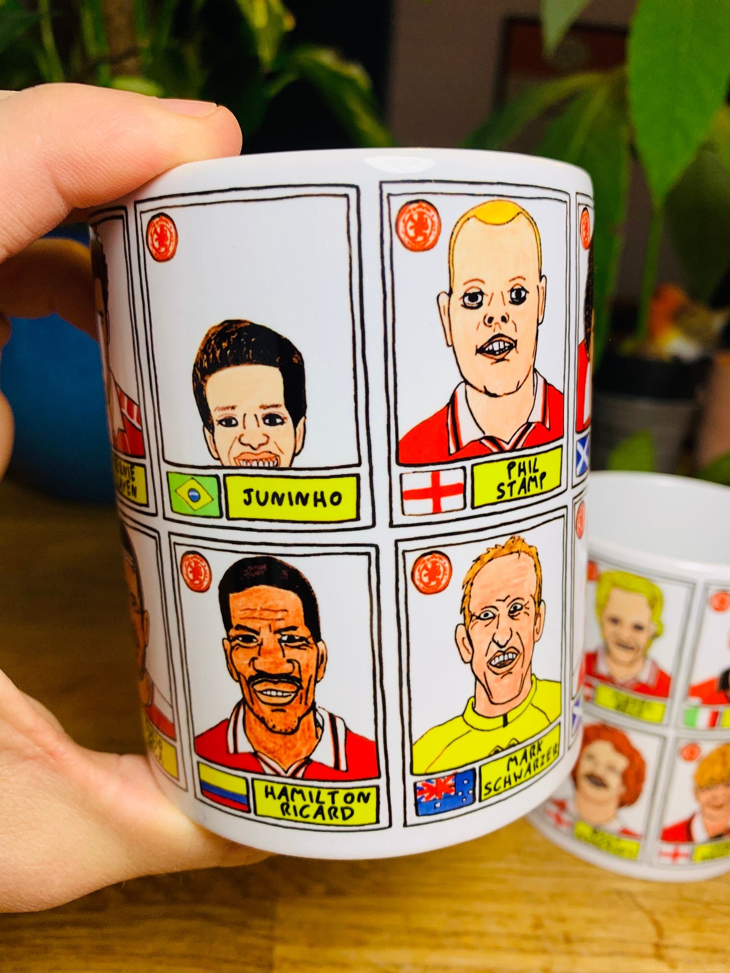 Middlesbrough No Score Draws Mug Set - Set of TWO 11oz Ceramic Mugs with Wonky Panini sticker-style No Score Draws Doodles of 24 Boro Icons