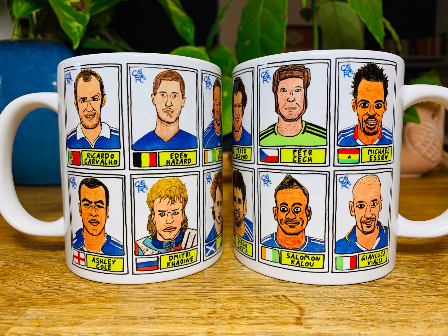 Chelsea No Score Draws Mug Set - Set of TWO 11oz Ceramic Mugs with Wonky Panini sticker-style No Score Draws Doodles of Chelsea icons