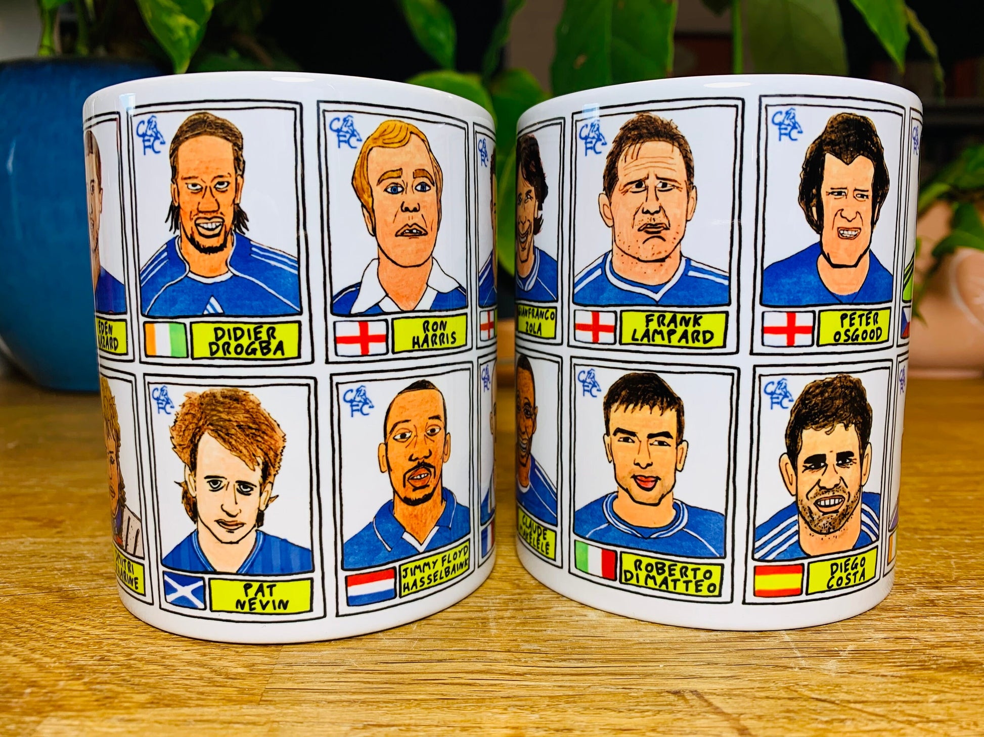 Chelsea No Score Draws Mug Set - Set of TWO 11oz Ceramic Mugs with Wonky Panini sticker-style No Score Draws Doodles of Chelsea icons