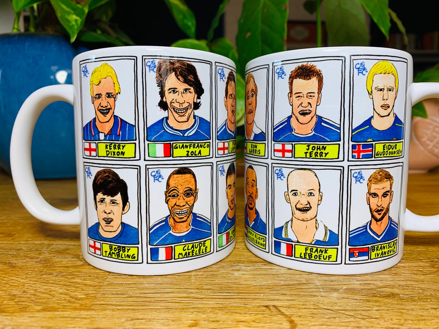 Chelsea No Score Draws Mug Set - Set of TWO 11oz Ceramic Mugs with Wonky Panini sticker-style No Score Draws Doodles of Chelsea icons