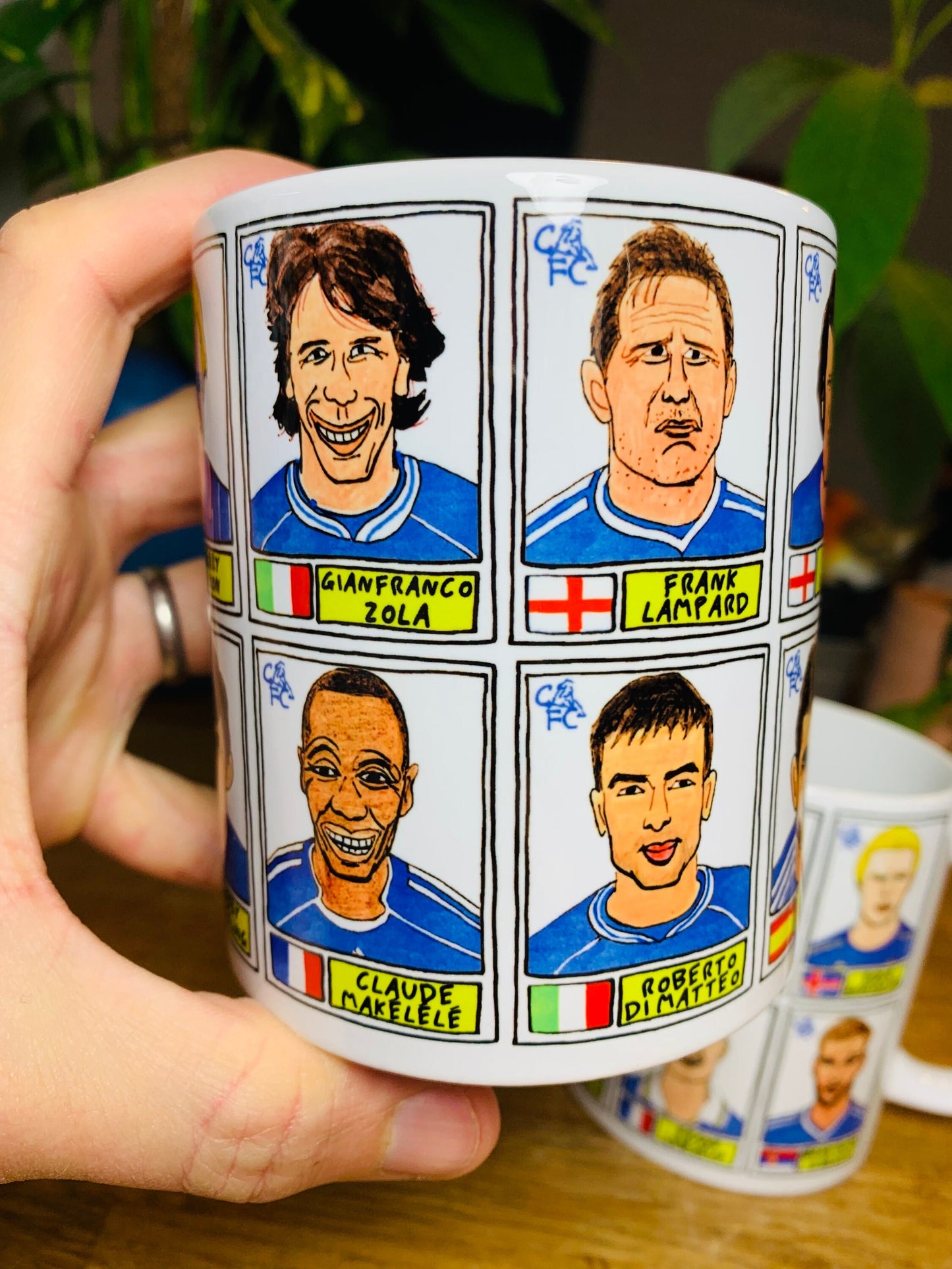 Chelsea No Score Draws Mug Set - Set of TWO 11oz Ceramic Mugs with Wonky Panini sticker-style No Score Draws Doodles of Chelsea icons