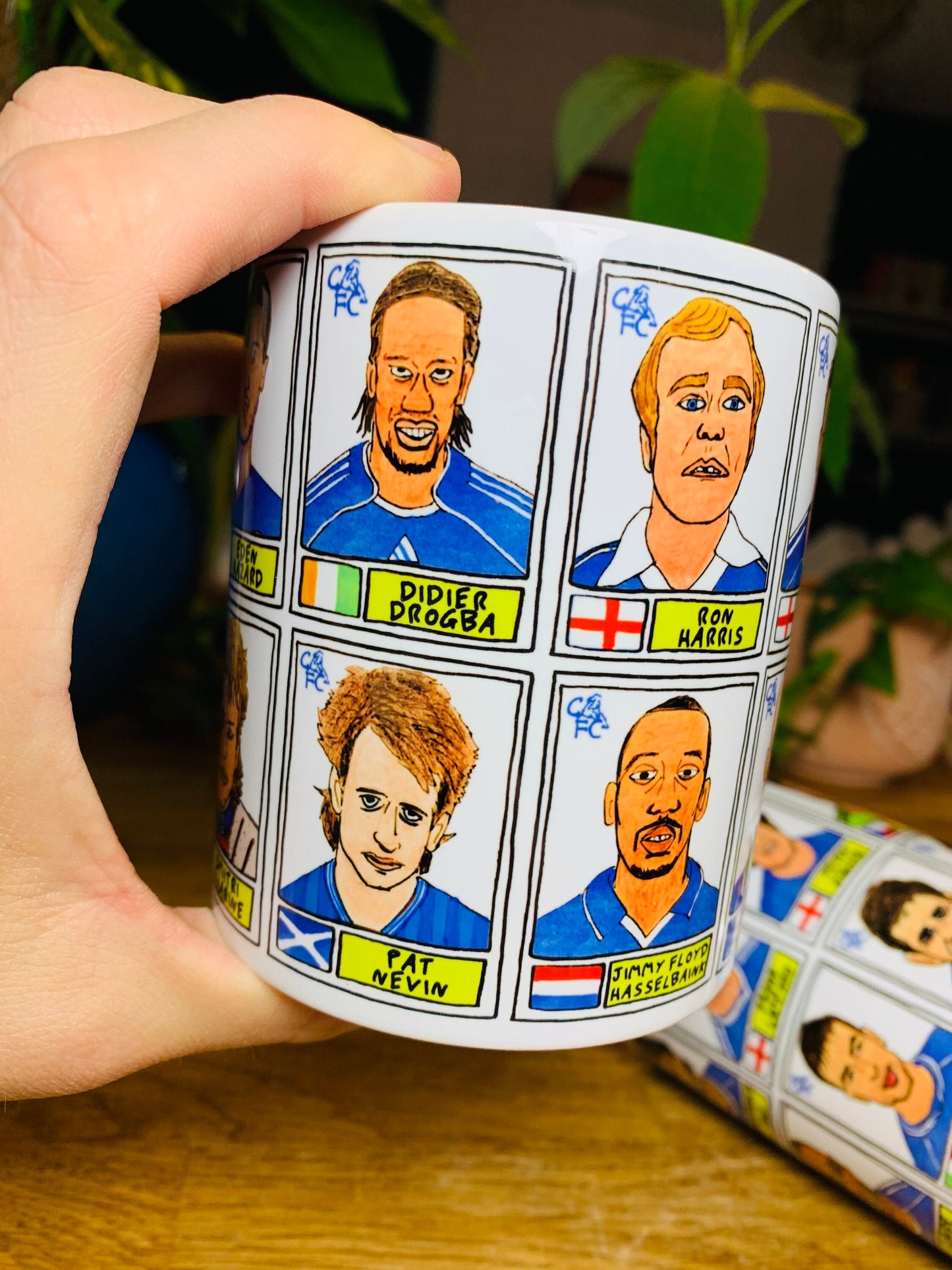 Chelsea No Score Draws Mug Set - Set of TWO 11oz Ceramic Mugs with Wonky Panini sticker-style No Score Draws Doodles of Chelsea icons