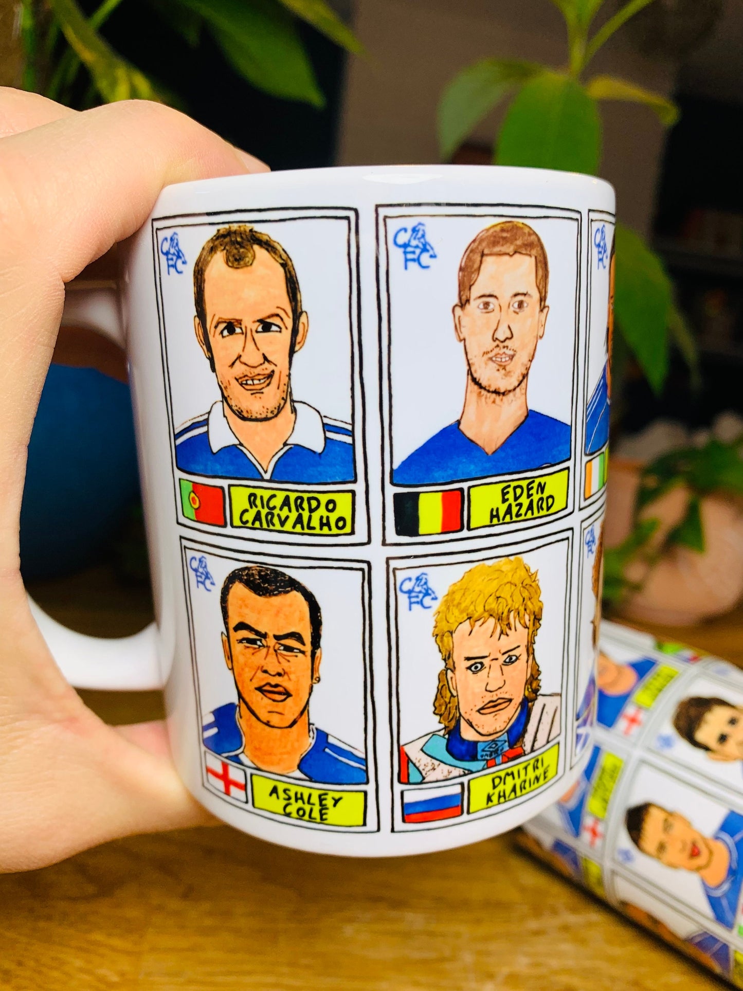 Chelsea No Score Draws Mug Set - Set of TWO 11oz Ceramic Mugs with Wonky Panini sticker-style No Score Draws Doodles of Chelsea icons