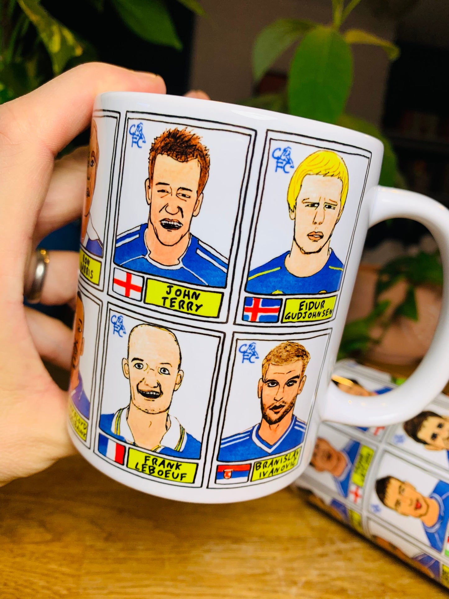 Chelsea No Score Draws Mug Set - Set of TWO 11oz Ceramic Mugs with Wonky Panini sticker-style No Score Draws Doodles of Chelsea icons