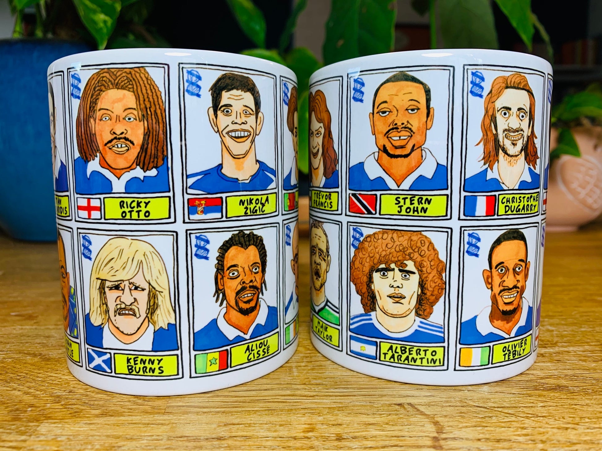 Birmingham City - Set of TWO 11oz Ceramic Mugs with Wonky Panini sticker-style No Score Draws Doodles of 24 BCFC Blues icons