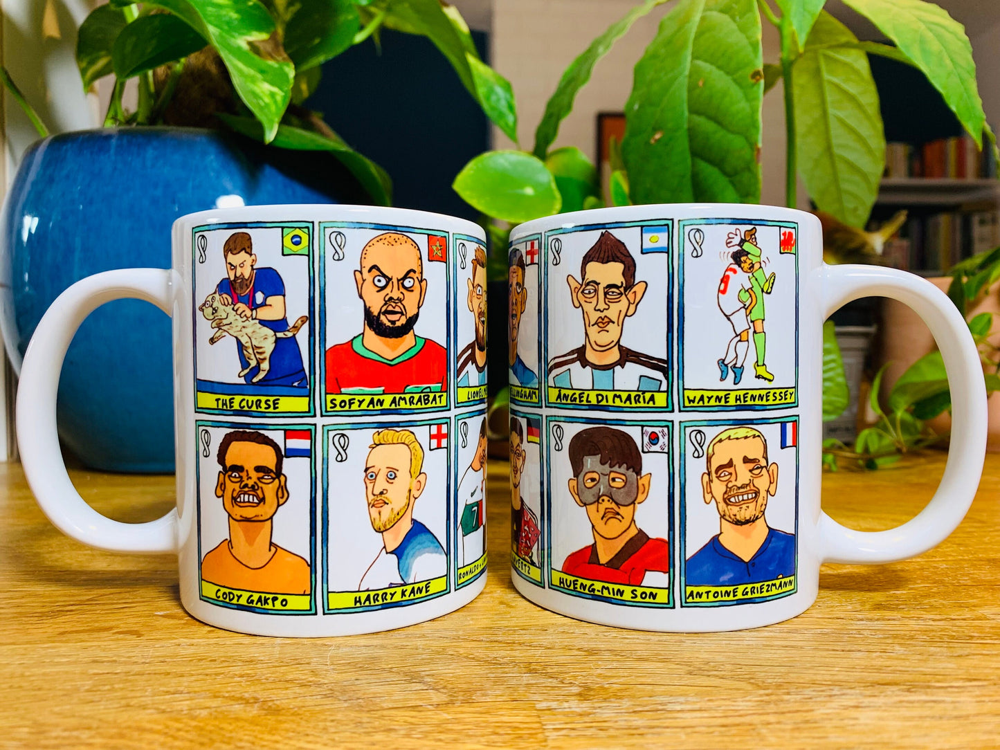 Qatar 2022 No Score Draws Mug Set - Set of TWO 11oz Ceramic Mugs with Wonky Panini sticker-style Doodles Of 24 Qatar 2022 Icons