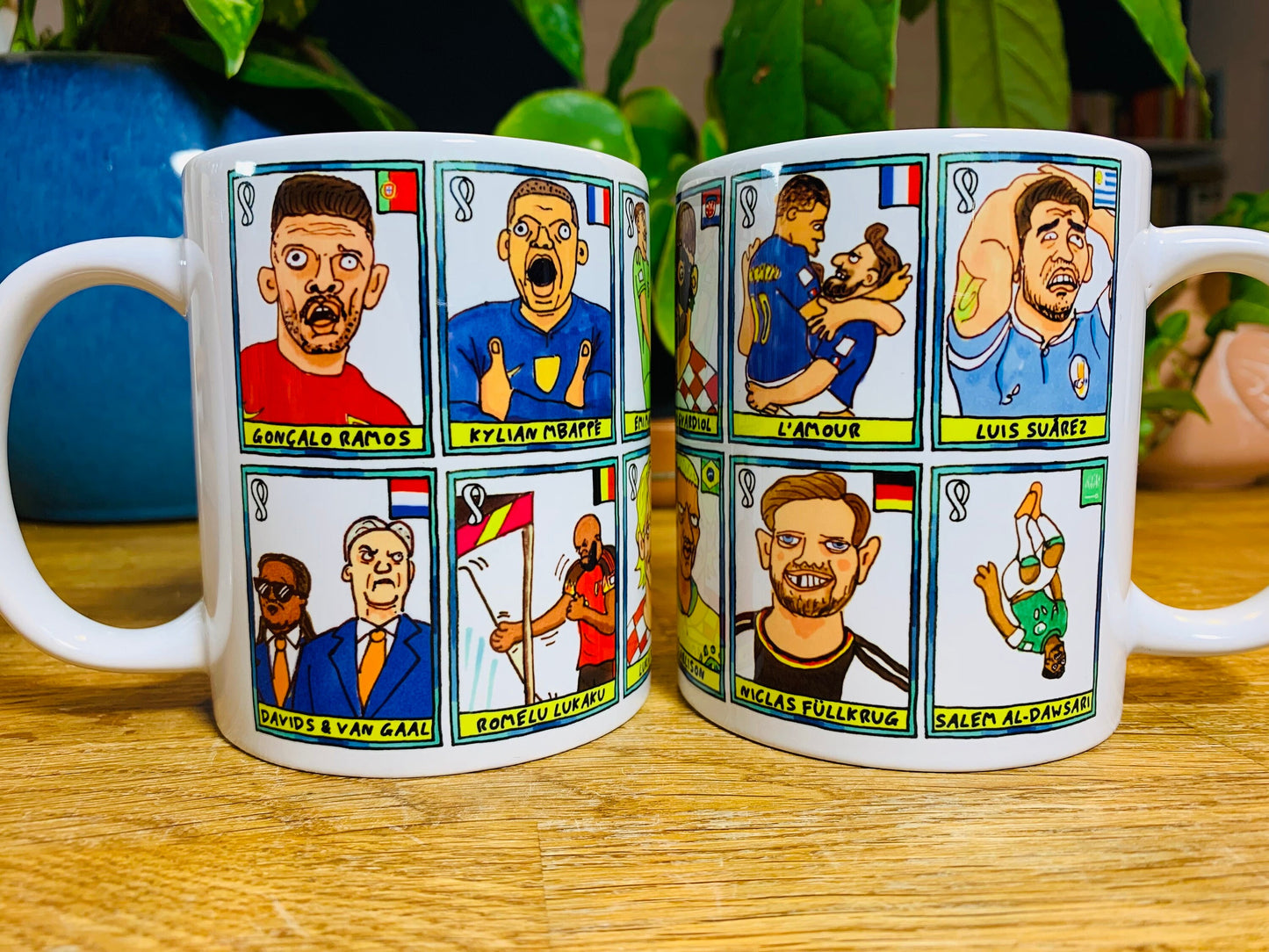 Qatar 2022 No Score Draws Mug Set - Set of TWO 11oz Ceramic Mugs with Wonky Panini sticker-style Doodles Of 24 Qatar 2022 Icons