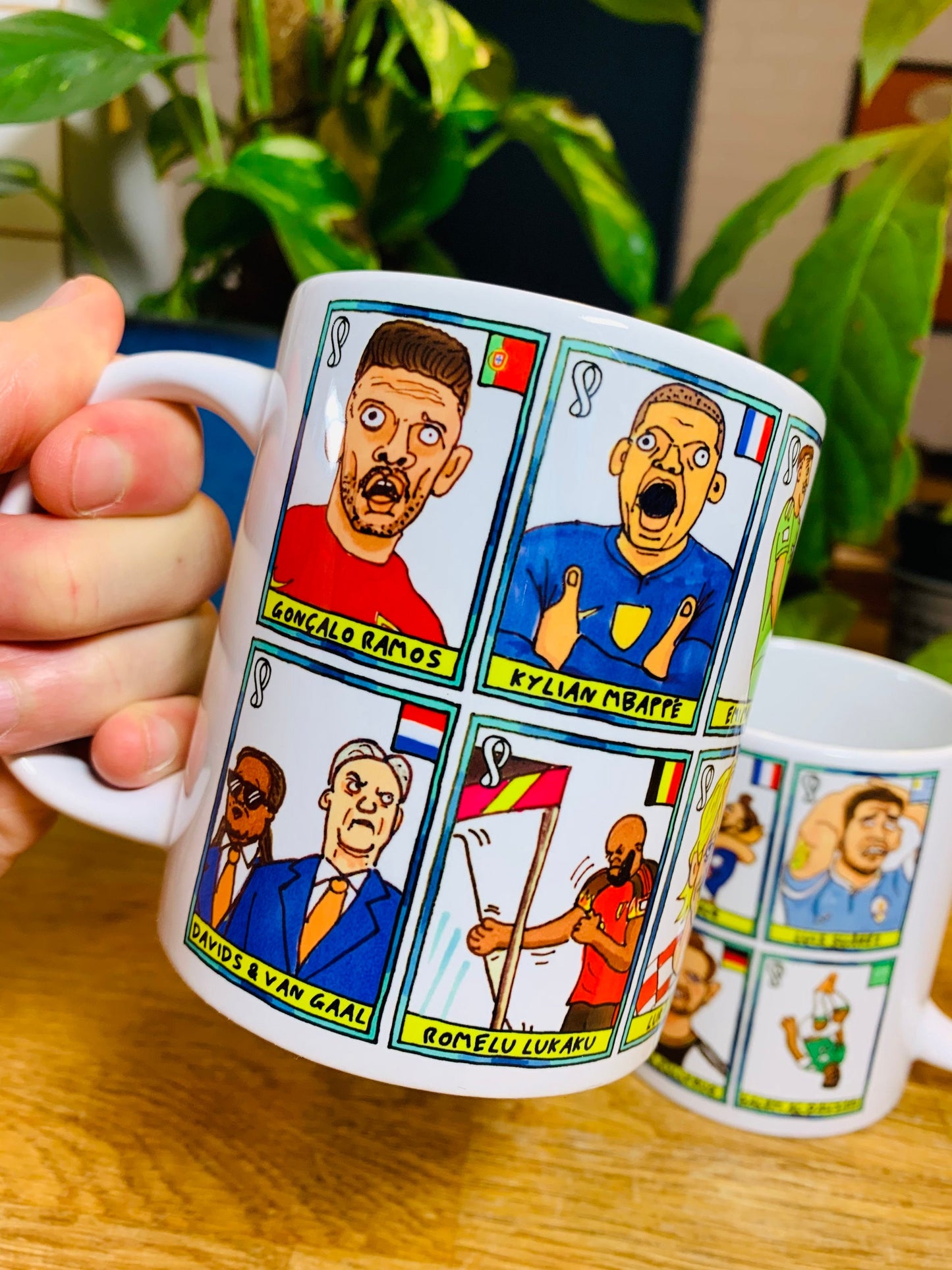 Qatar 2022 No Score Draws Mug Set - Set of TWO 11oz Ceramic Mugs with Wonky Panini sticker-style Doodles Of 24 Qatar 2022 Icons