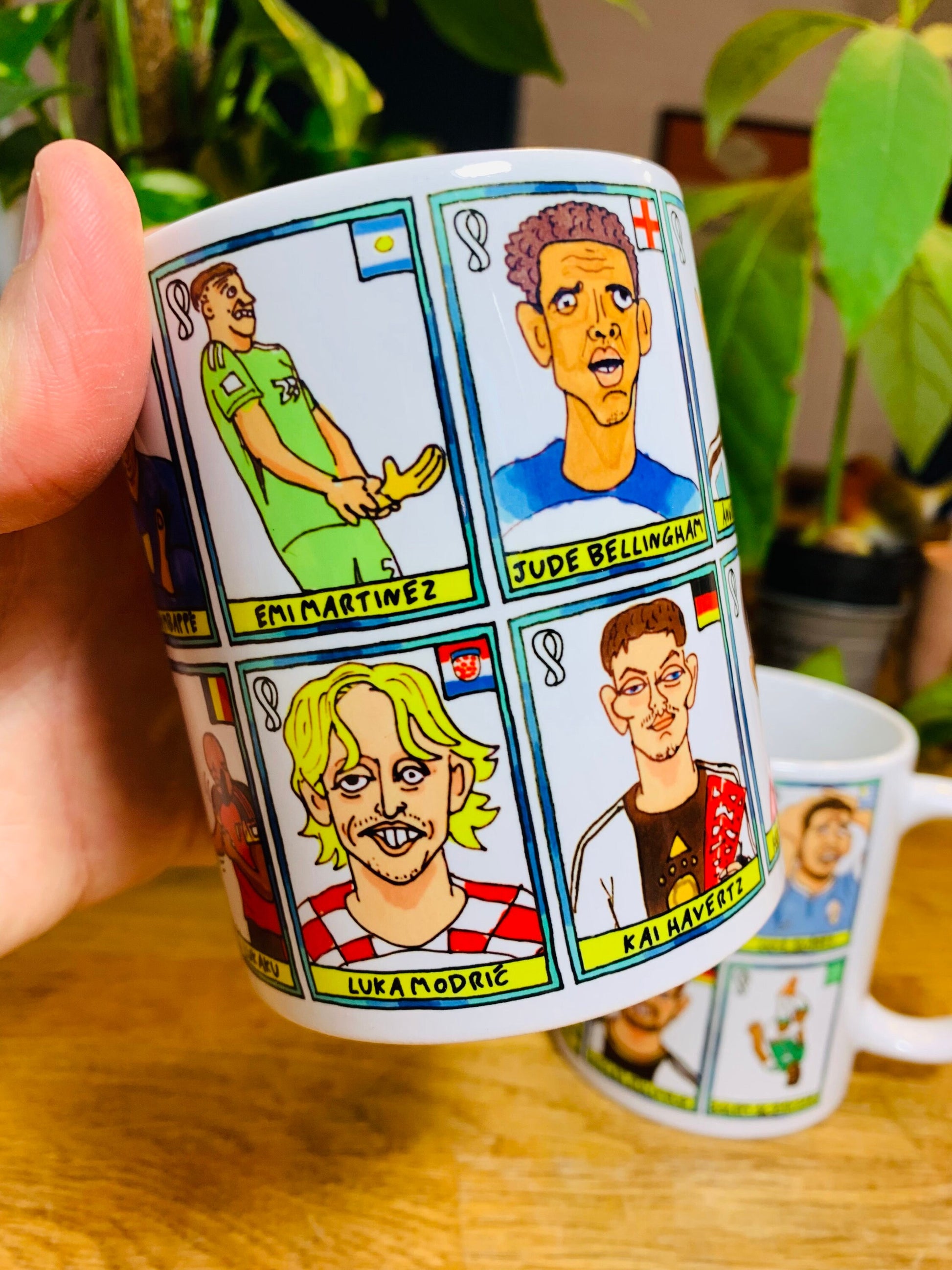 Qatar 2022 No Score Draws Mug Set - Set of TWO 11oz Ceramic Mugs with Wonky Panini sticker-style Doodles Of 24 Qatar 2022 Icons