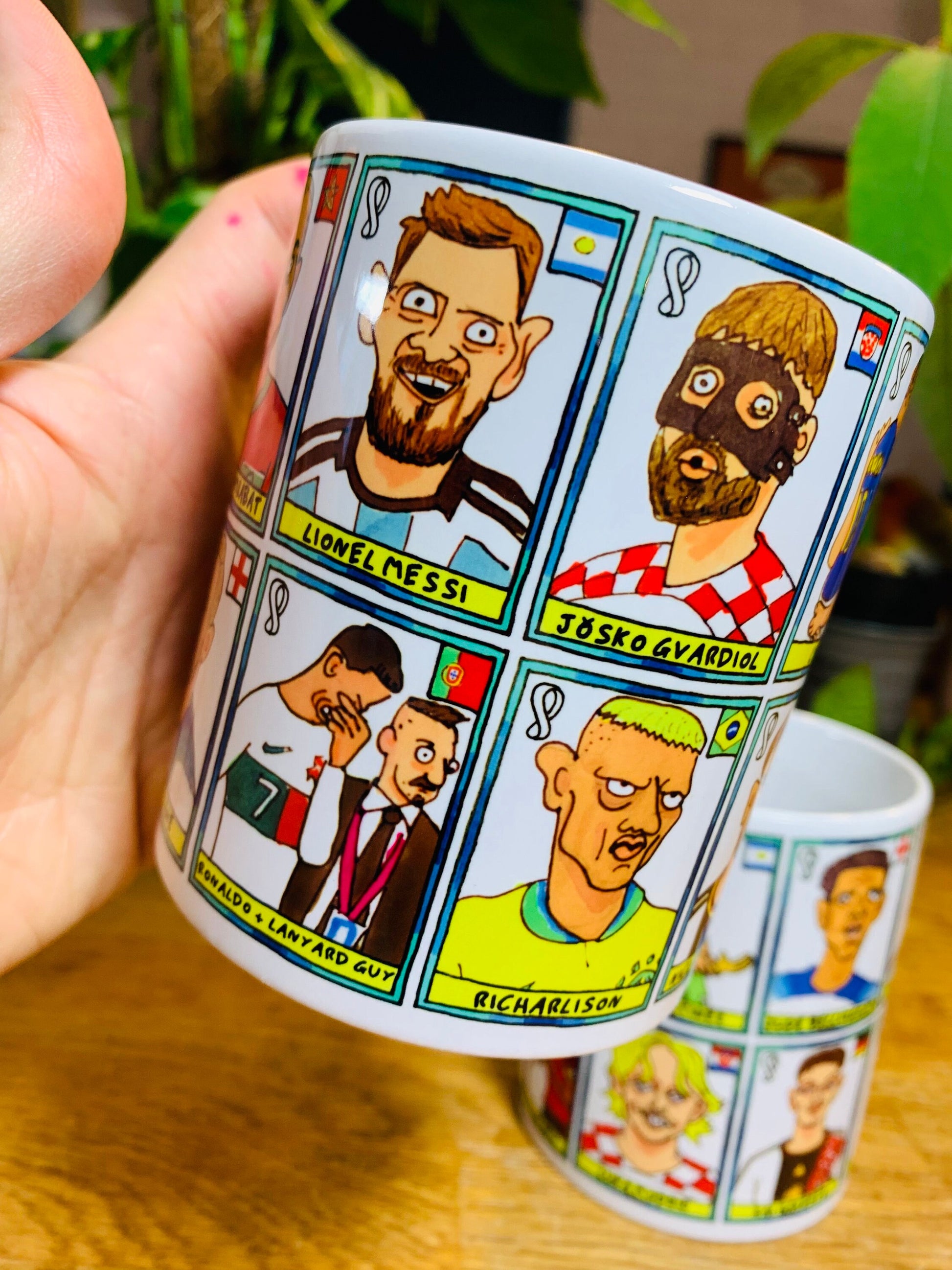 Qatar 2022 No Score Draws Mug Set - Set of TWO 11oz Ceramic Mugs with Wonky Panini sticker-style Doodles Of 24 Qatar 2022 Icons