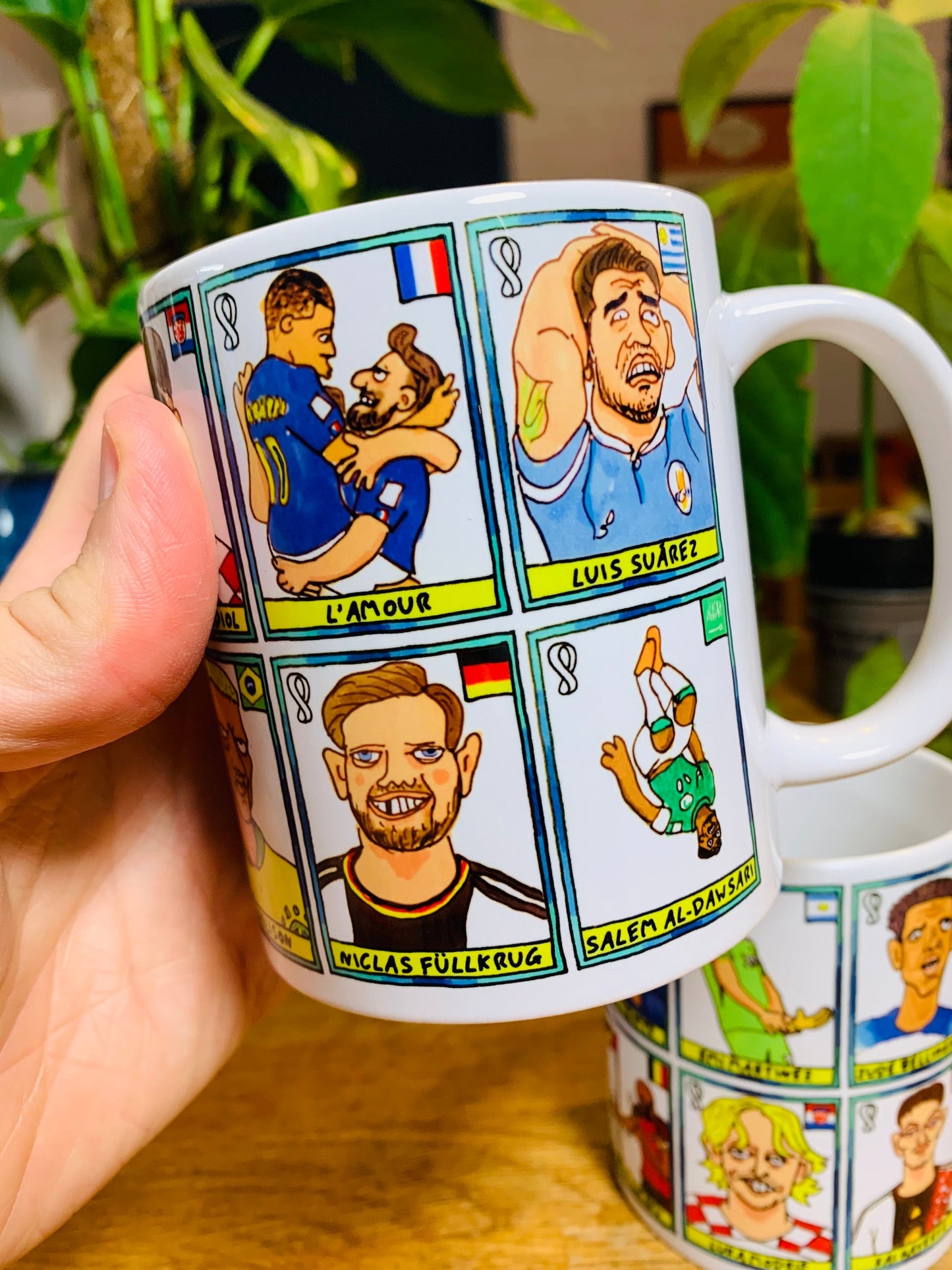 Qatar 2022 No Score Draws Mug Set - Set of TWO 11oz Ceramic Mugs with Wonky Panini sticker-style Doodles Of 24 Qatar 2022 Icons