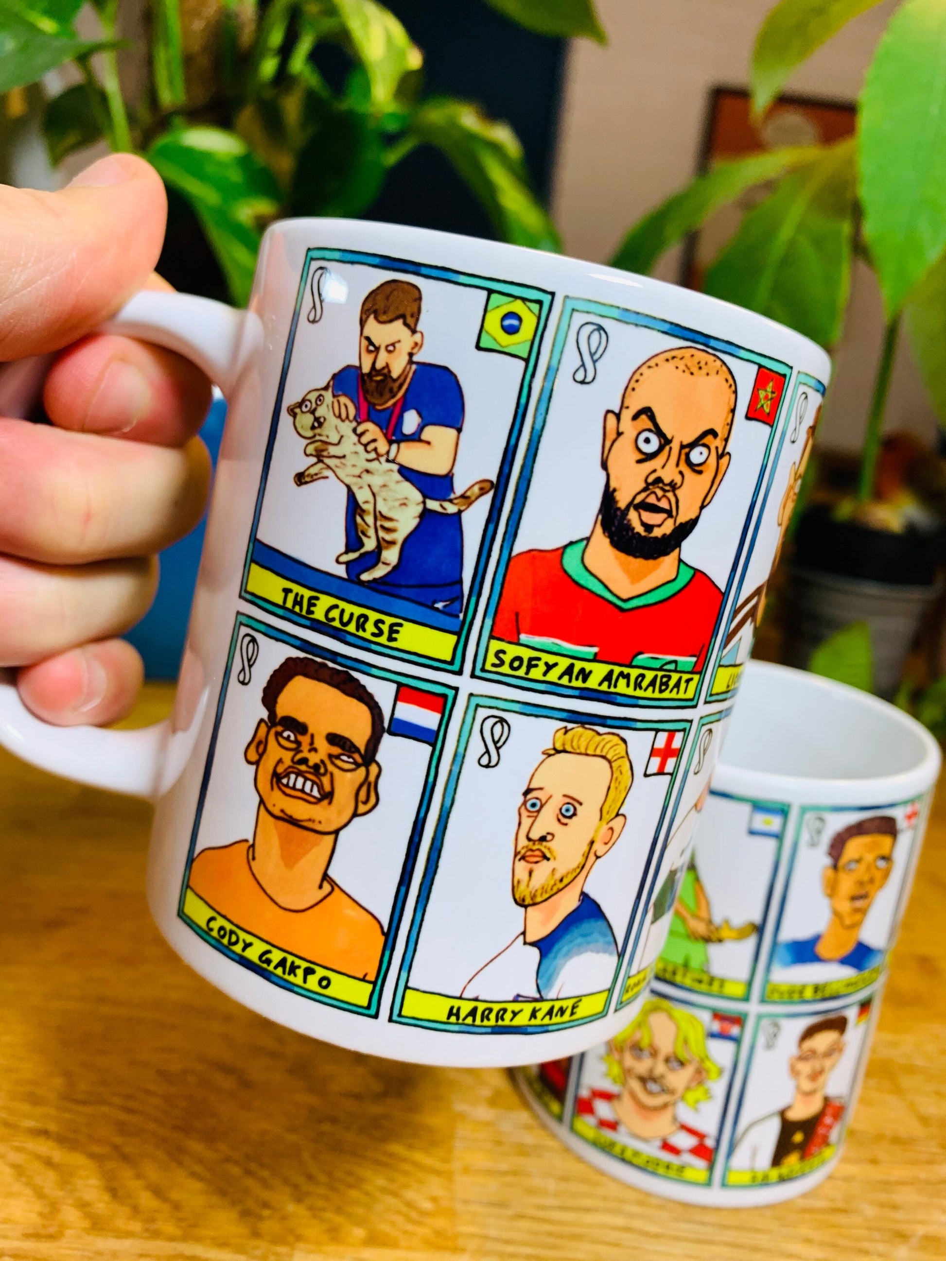 Qatar 2022 No Score Draws Mug Set - Set of TWO 11oz Ceramic Mugs with Wonky Panini sticker-style Doodles Of 24 Qatar 2022 Icons