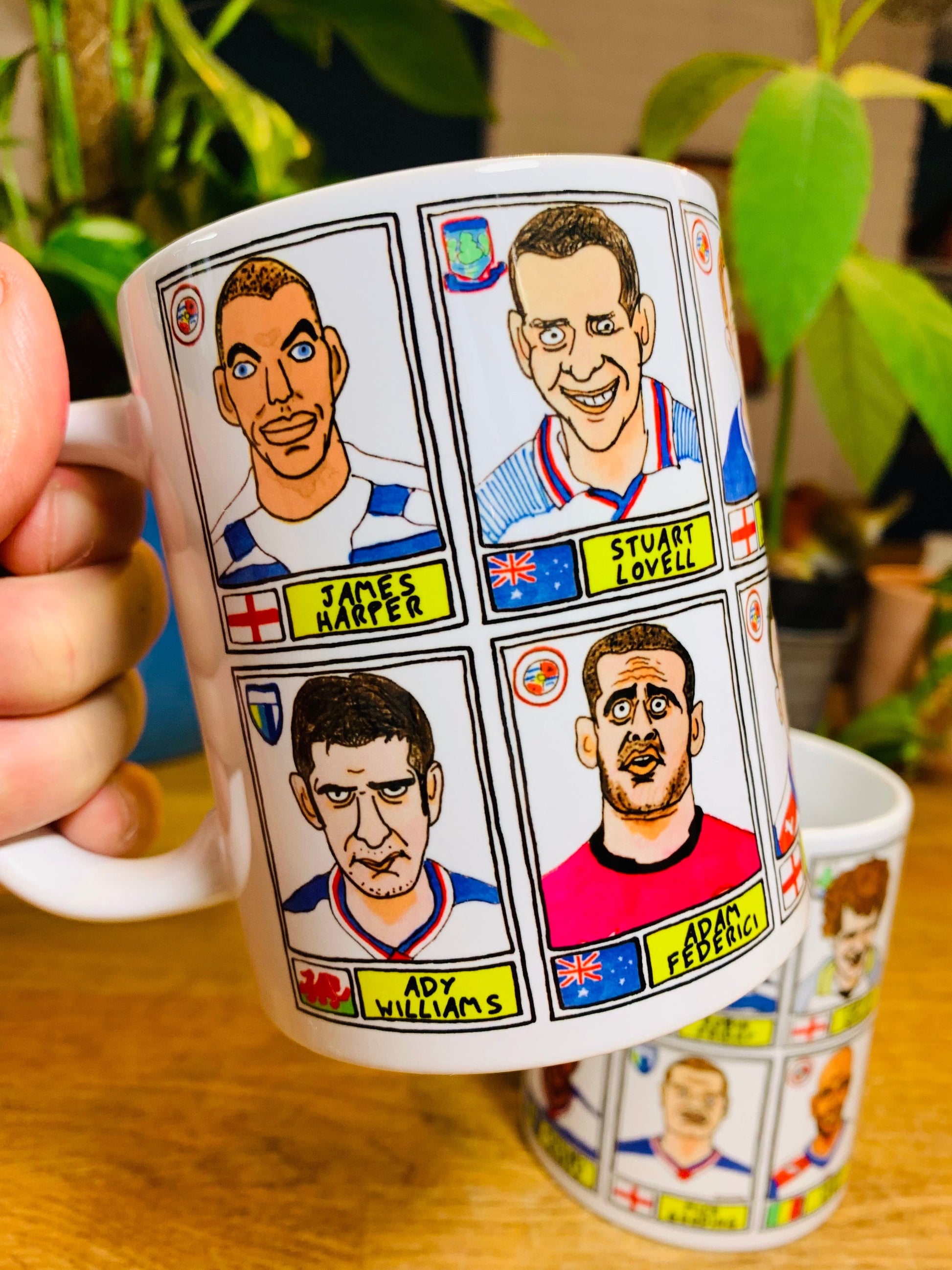 Reading No Score Draws Mug Set - Set of TWO 11oz Ceramic Mugs with Wonky Panini sticker-style No Score Draws Doodles of Royals icons