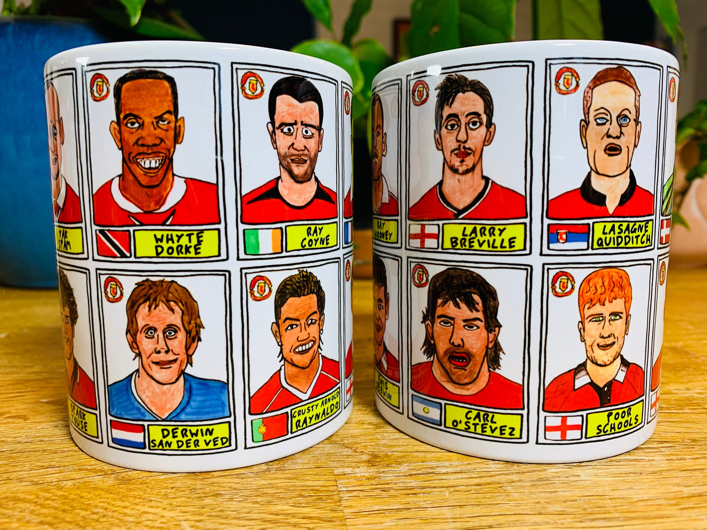 Definitely NOT Man Utd No Score Draws Mug Set - Set of two 11oz Ceramic Mugs with Wonky Panini sticker-style NOT MUFC No Score Draws Doodles