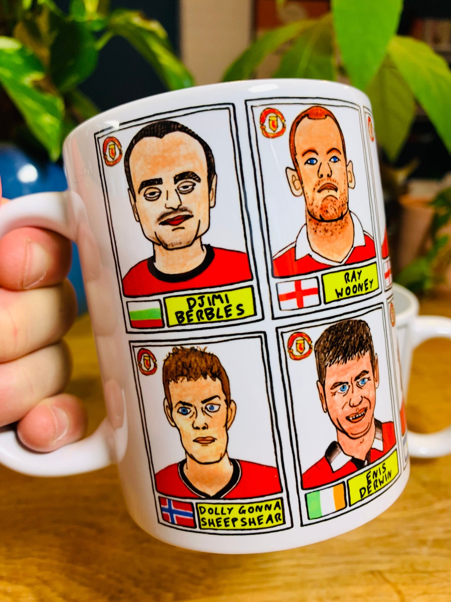 Definitely NOT Man Utd No Score Draws Mug Set - Set of two 11oz Ceramic Mugs with Wonky Panini sticker-style NOT MUFC No Score Draws Doodles