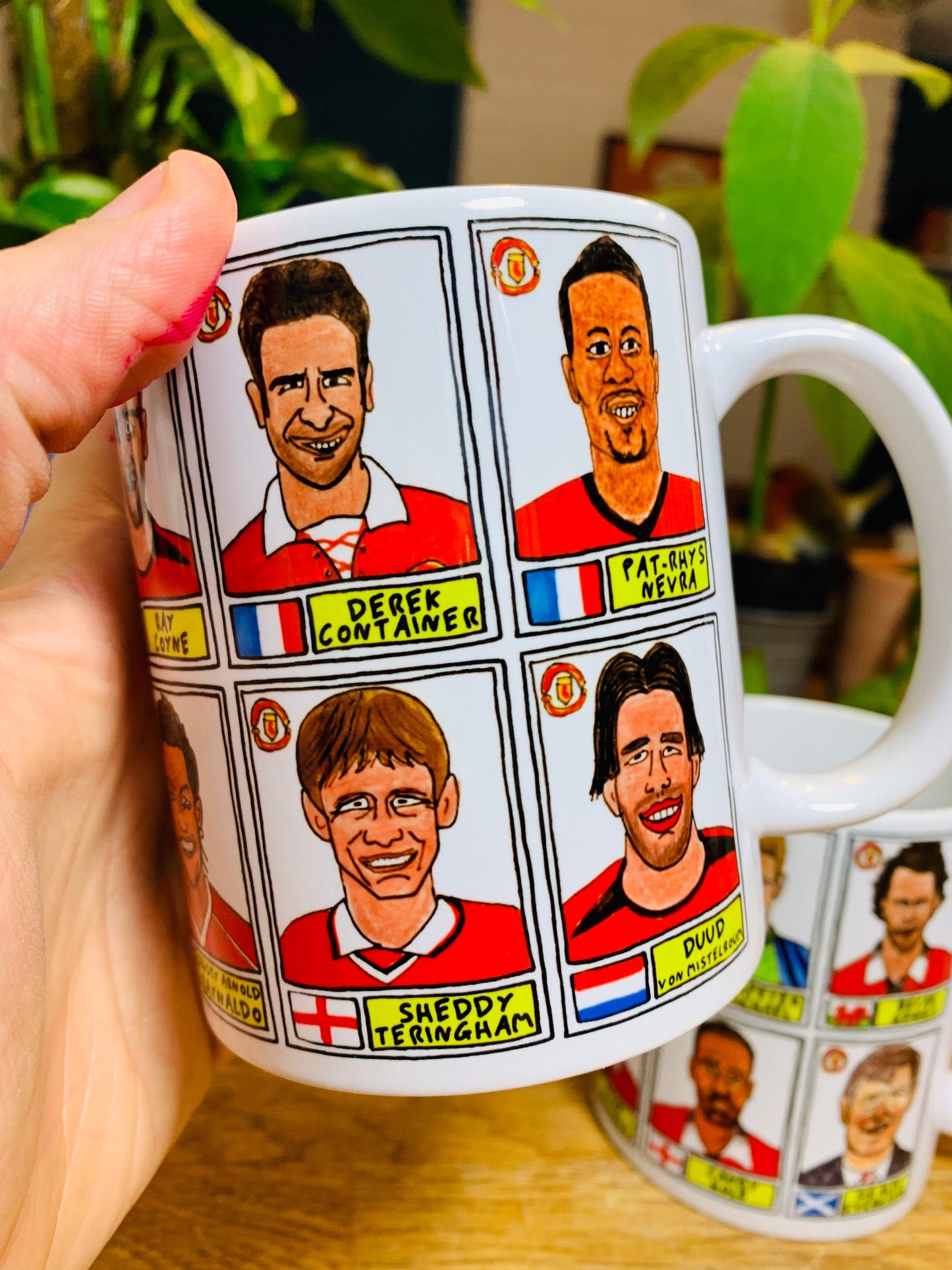 Definitely NOT Man Utd No Score Draws Mug Set - Set of two 11oz Ceramic Mugs with Wonky Panini sticker-style NOT MUFC No Score Draws Doodles