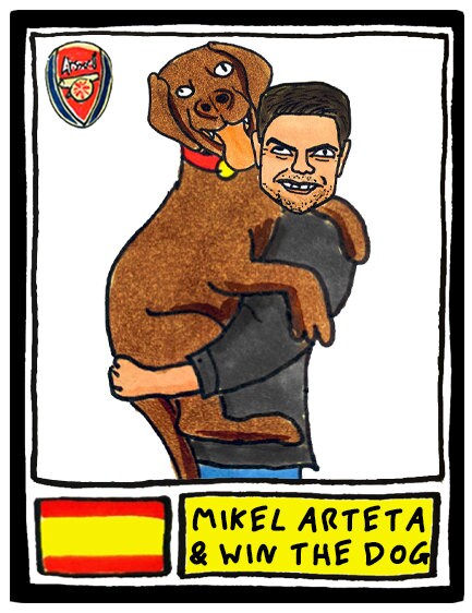 Arsenal Vol 3 - No Score Draw Win The Dog Edition - A3 print of 24 hand-drawn Panini-style wonky doodles of Arteta's Arsenal's 23/24 PL Team