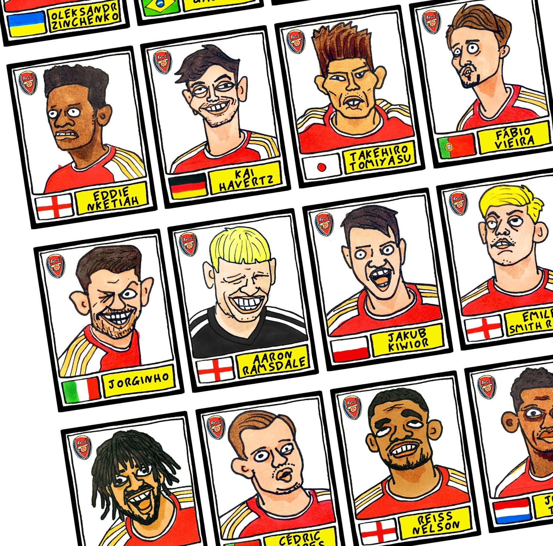 Arsenal Vol 3 - No Score Draw Win The Dog Edition - A3 print of 24 hand-drawn Panini-style wonky doodles of Arteta's Arsenal's 23/24 PL Team