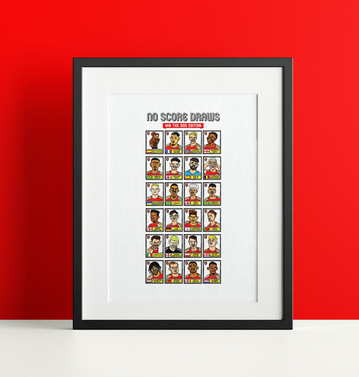 Arsenal Vol 3 - No Score Draw Win The Dog Edition - A3 print of 24 hand-drawn Panini-style wonky doodles of Arteta's Arsenal's 23/24 PL Team