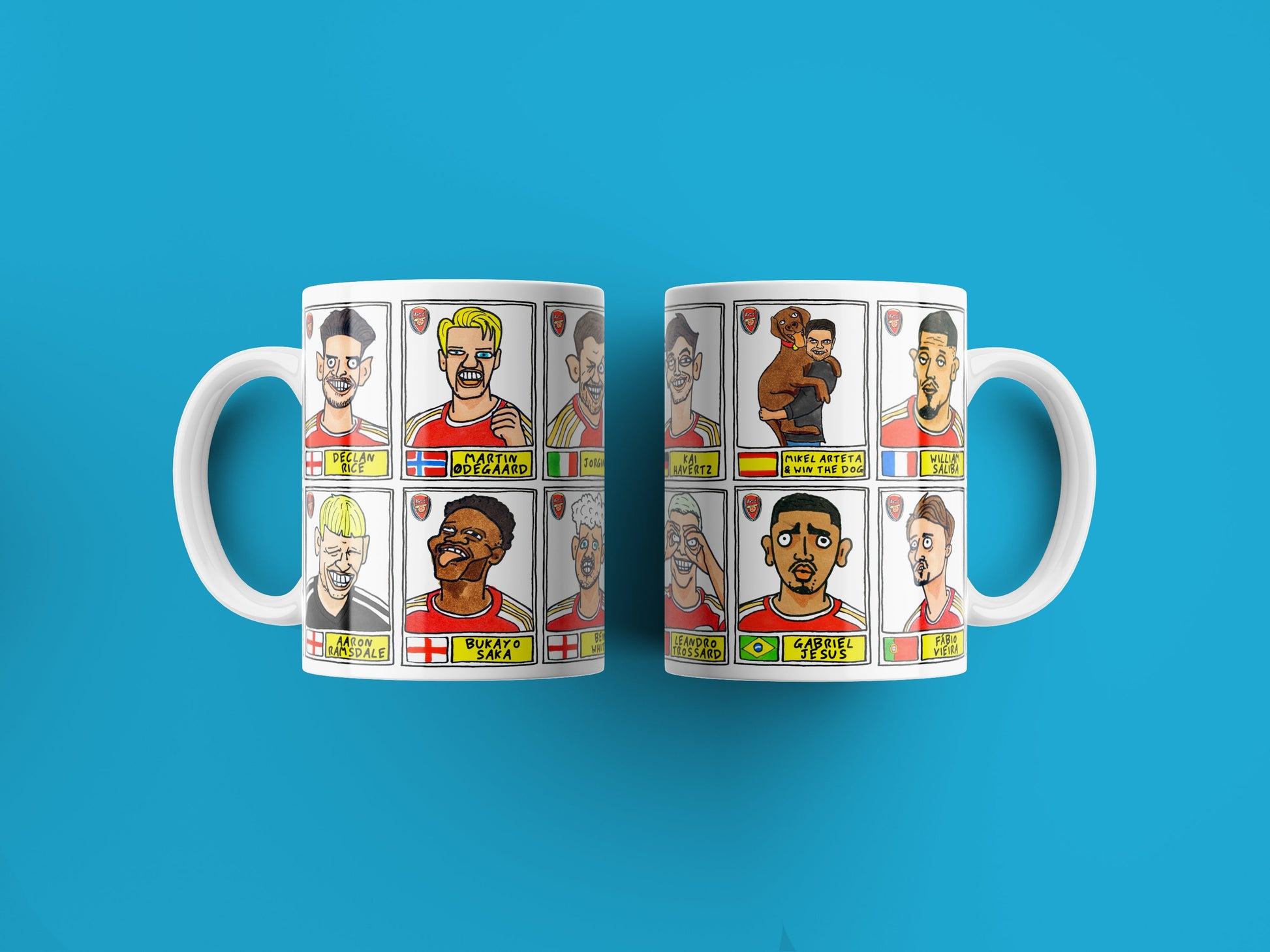 Arsenal Vol 3 No Score Draws Mug Set - Set of TWO 11oz Ceramic Mugs with Wonky Panini-doodles of AFC's 23/24 Premier League Squad Gunners