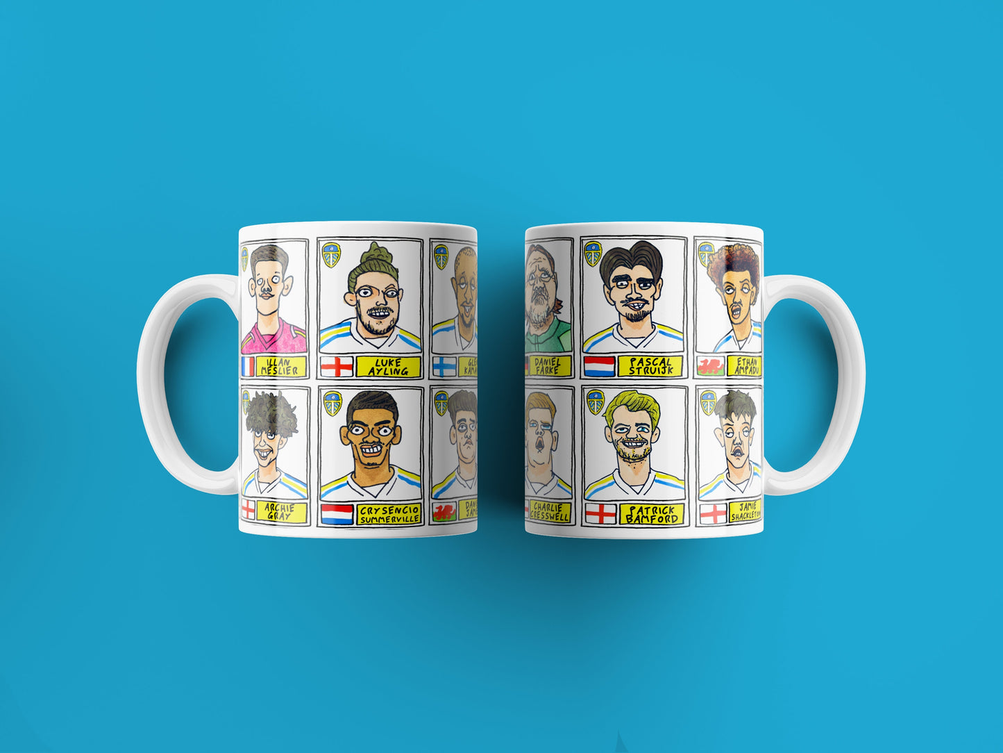 Leeds United Vol 3 No Score Draws Mug Set - Set of TWO 11oz Ceramic Mugs with Wonky Panini sticker-style LUFC 23/24 Farkeball Doodles