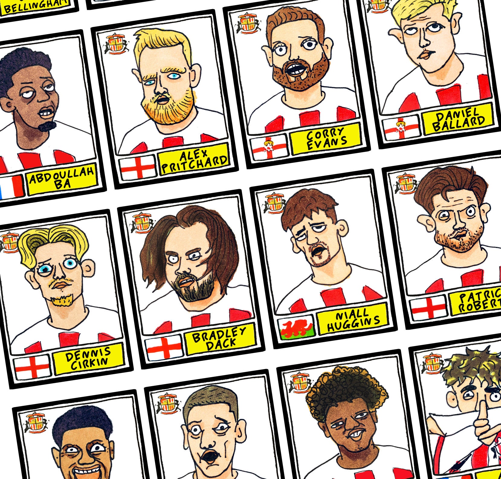 Sunderland Volume 3 - No Score Draws Black Cats 23/24 Edition - A3 print of 24 hand-drawn Panini-style doodles of Tony Mowbray's Sunderland