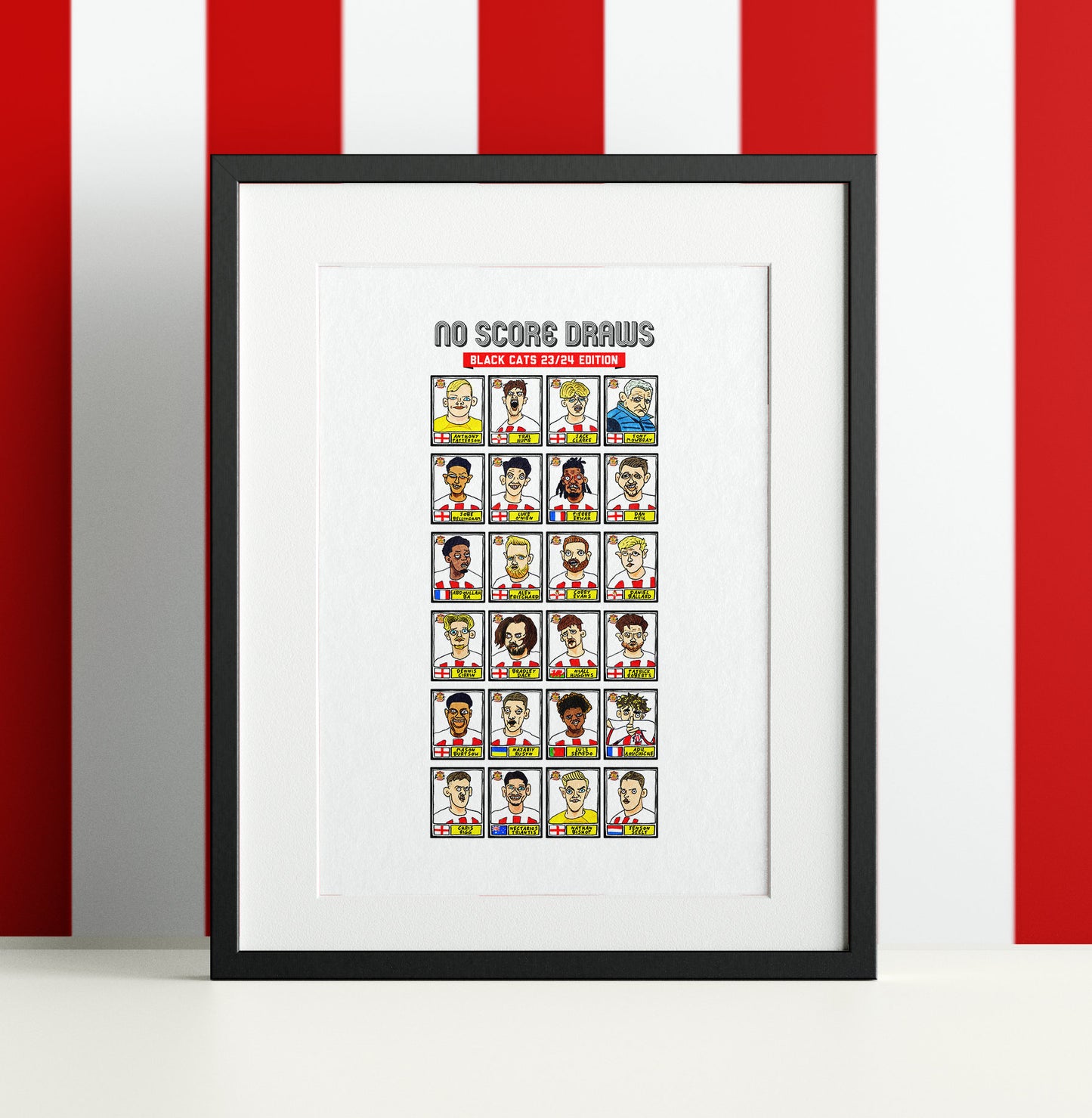 Sunderland Volume 3 - No Score Draws Black Cats 23/24 Edition - A3 print of 24 hand-drawn Panini-style doodles of Tony Mowbray's Sunderland