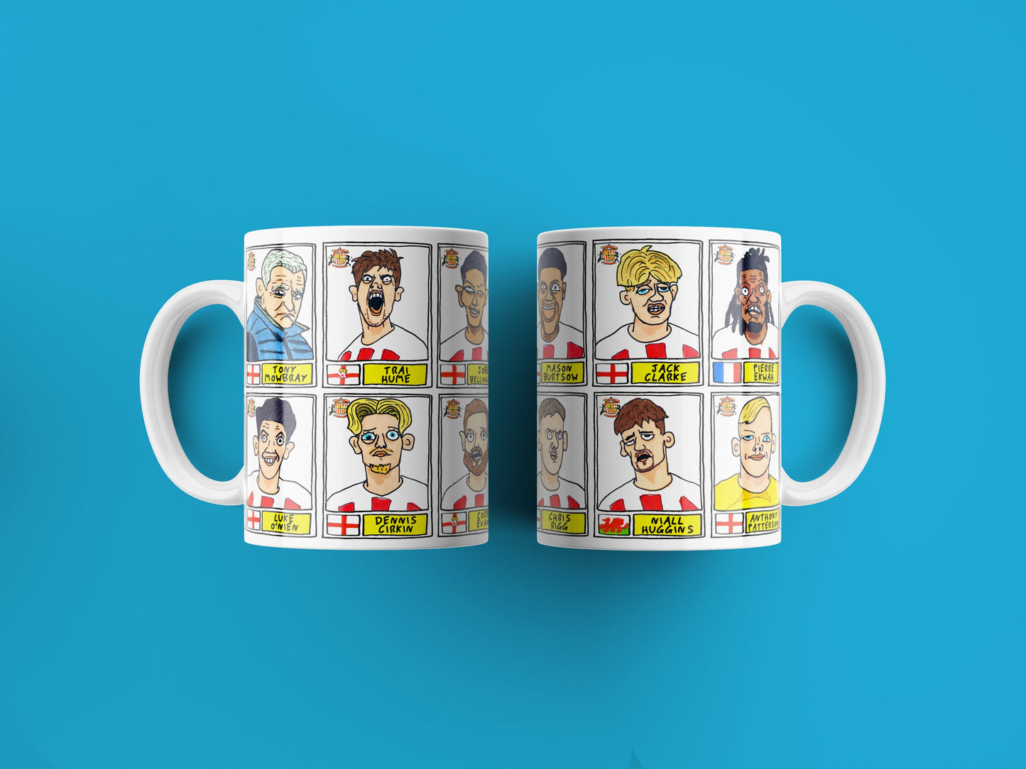 Sunderland Vol 3 No Score Draws Mug Set - Set of TWO 11oz Ceramic Mugs with Wonky Panini-style Doodles of Tony Mowbray's 23/24 Black Cats