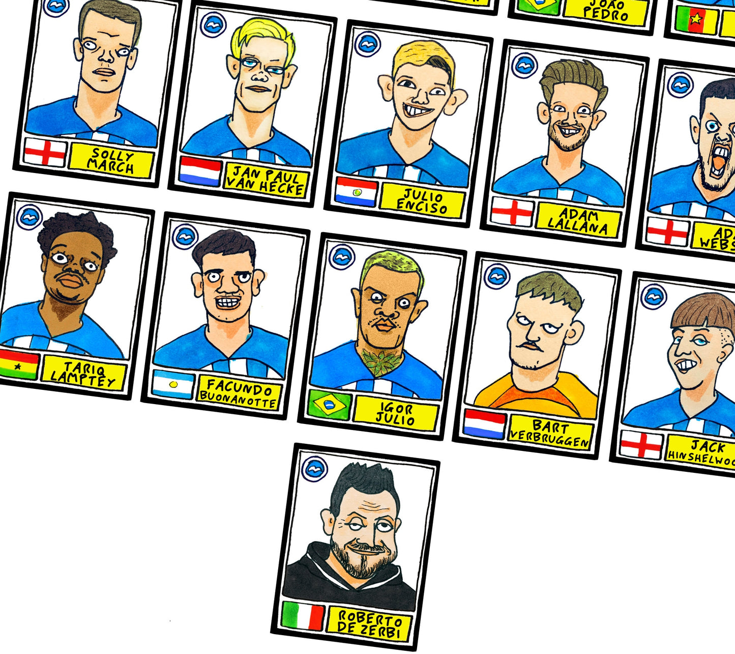 Brighton Vol 2 - No Score Draw De Zerbi Ball Edition - A3 print of 26 hand-drawn Panini-style wonky doodles of De Zerbi's BHAFC 23/24 Team