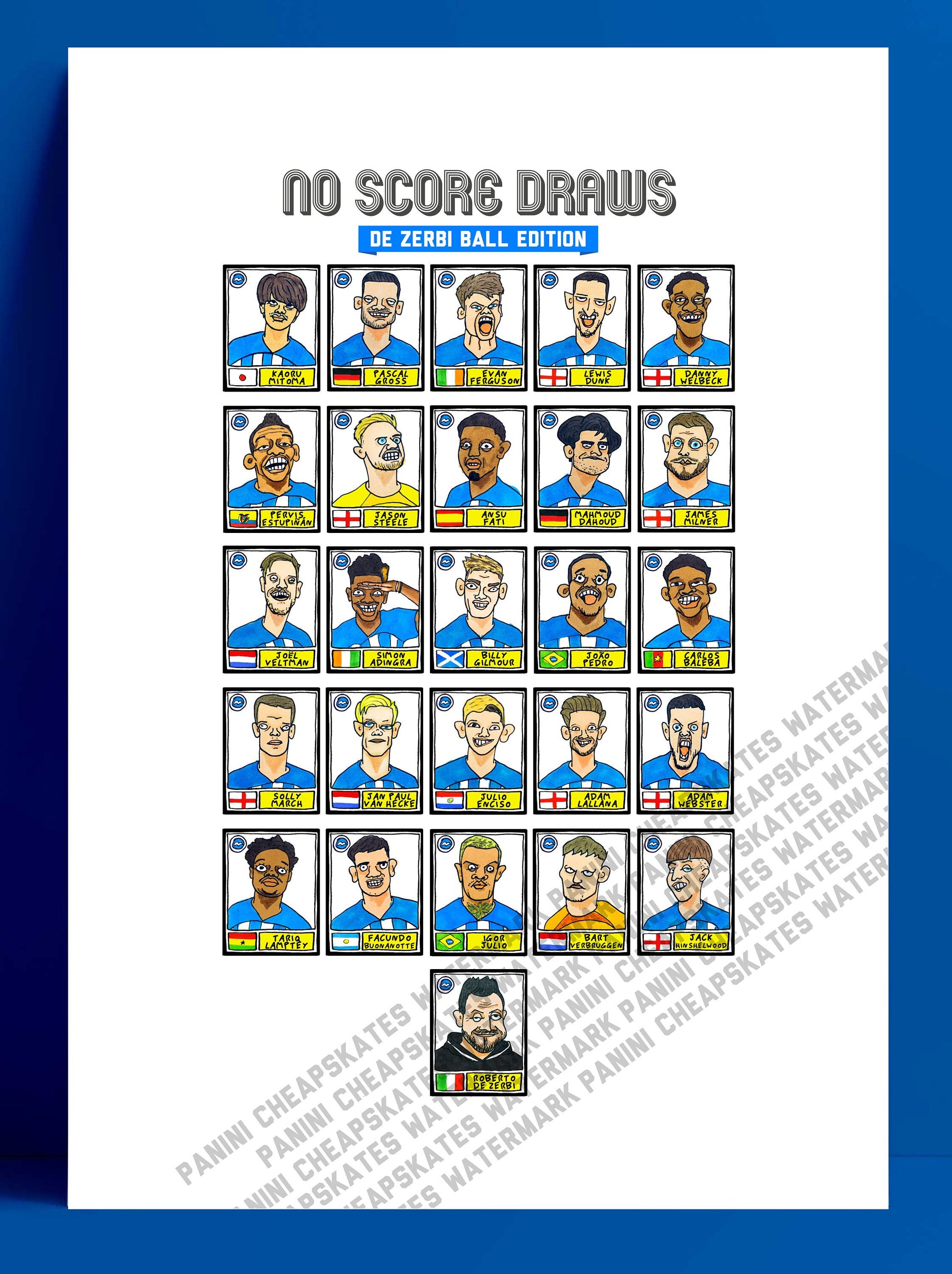 Brighton Vol 2 - No Score Draw De Zerbi Ball Edition - A3 print of 26 hand-drawn Panini-style wonky doodles of De Zerbi's BHAFC 23/24 Team