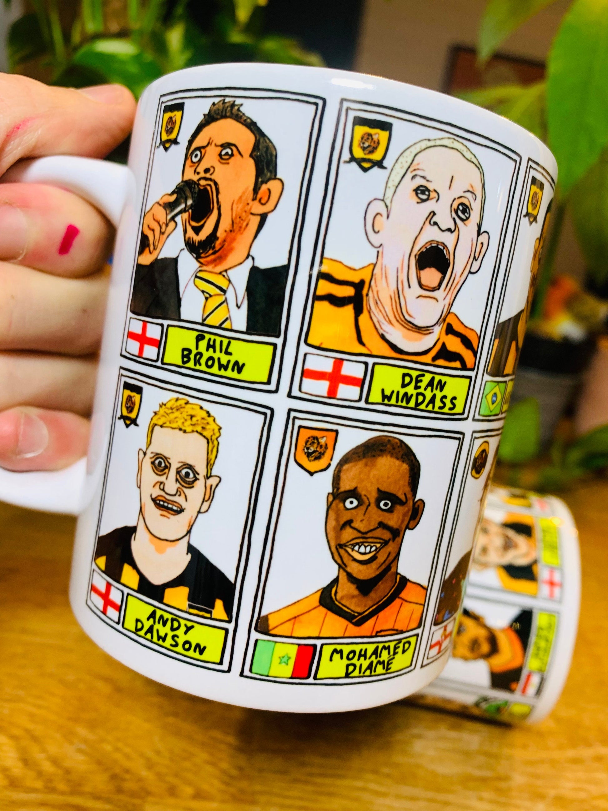 Hull City Vol 1 Mug Set - Set of TWO 11oz Ceramic Mugs with Wonky Panini sticker-style No Score Draws Doodles of 24 badly-drawn Tigers icons