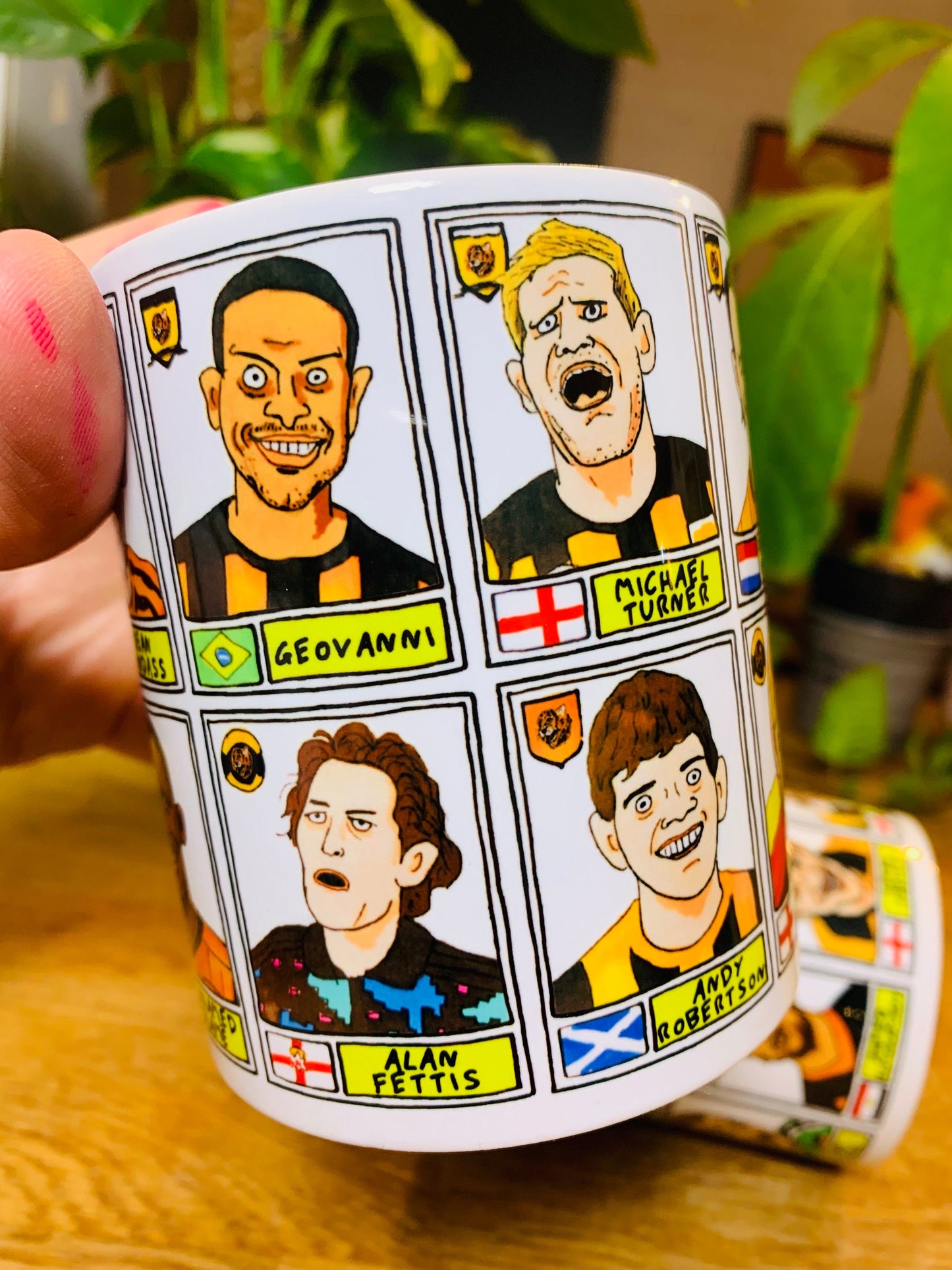 Hull City Vol 1 Mug Set - Set of TWO 11oz Ceramic Mugs with Wonky Panini sticker-style No Score Draws Doodles of 24 badly-drawn Tigers icons