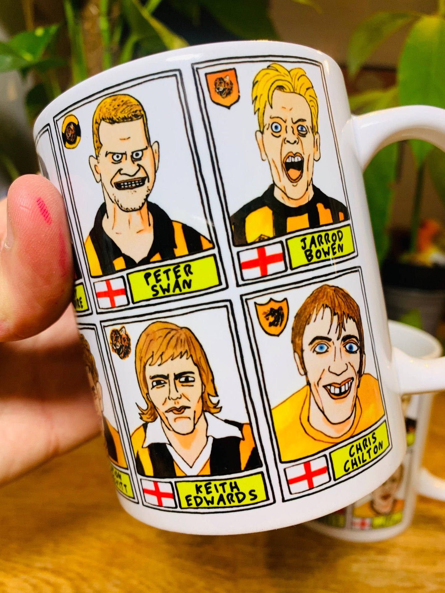 Hull City Vol 1 Mug Set - Set of TWO 11oz Ceramic Mugs with Wonky Panini sticker-style No Score Draws Doodles of 24 badly-drawn Tigers icons