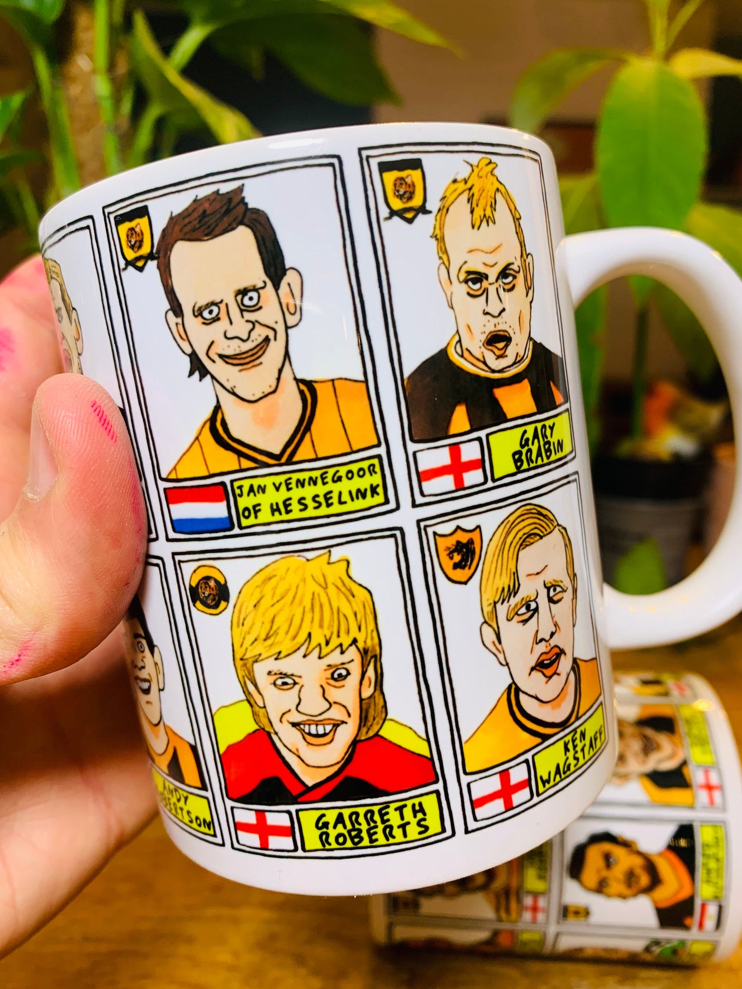 Hull City Vol 1 Mug Set - Set of TWO 11oz Ceramic Mugs with Wonky Panini sticker-style No Score Draws Doodles of 24 badly-drawn Tigers icons