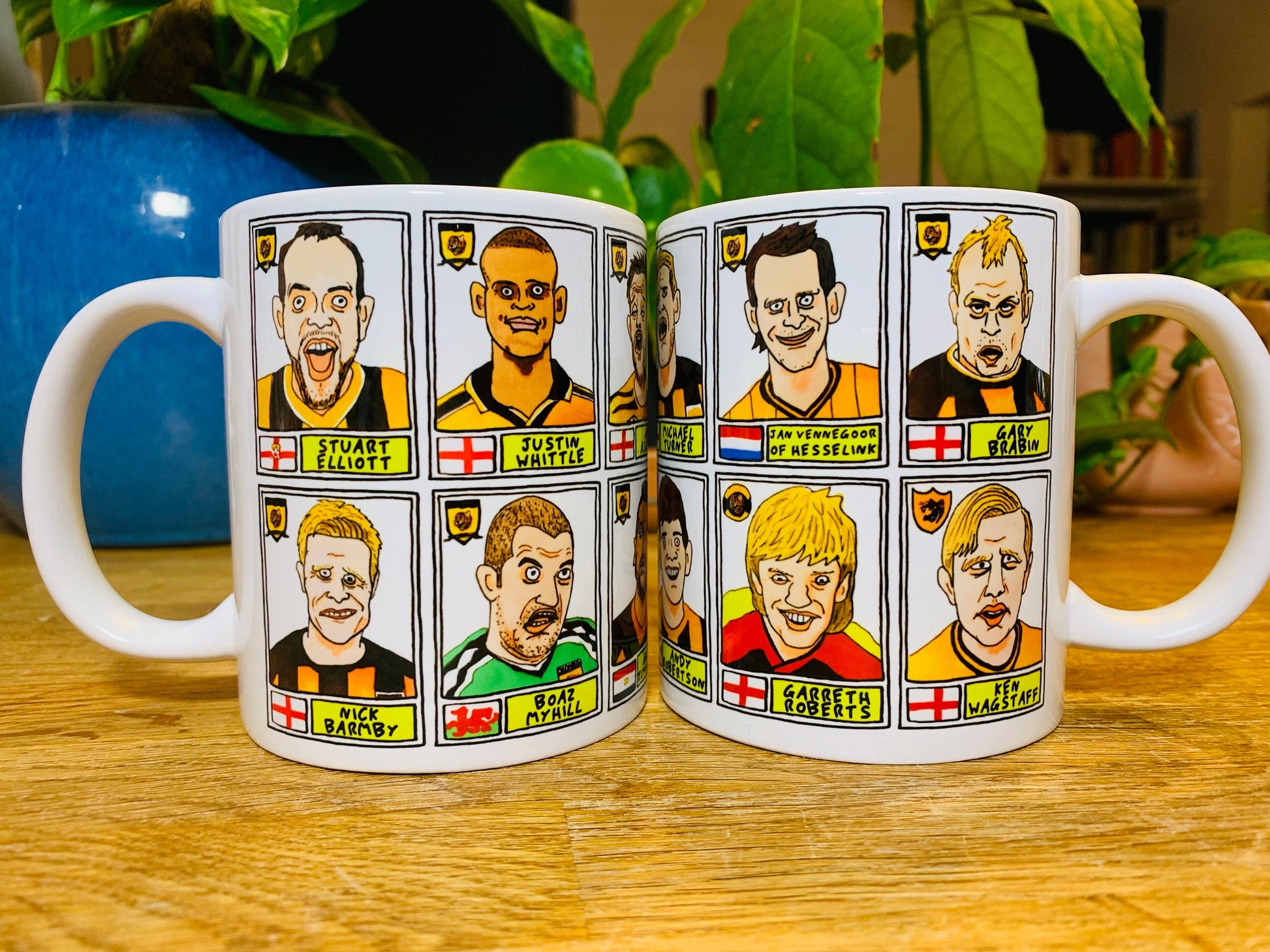 Hull City Vol 1 Mug Set - Set of TWO 11oz Ceramic Mugs with Wonky Panini sticker-style No Score Draws Doodles of 24 badly-drawn Tigers icons