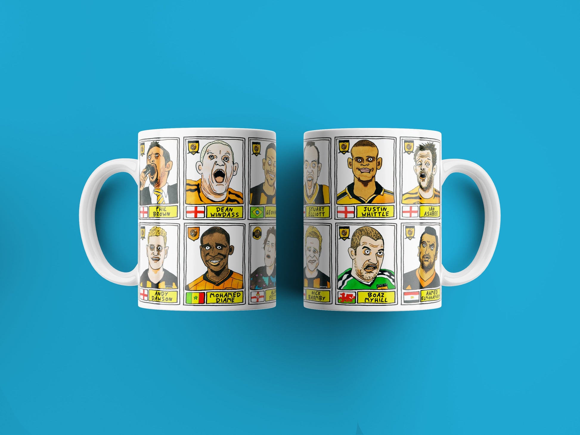 Hull City Vol 1 Mug Set - Set of TWO 11oz Ceramic Mugs with Wonky Panini sticker-style No Score Draws Doodles of 24 badly-drawn Tigers icons