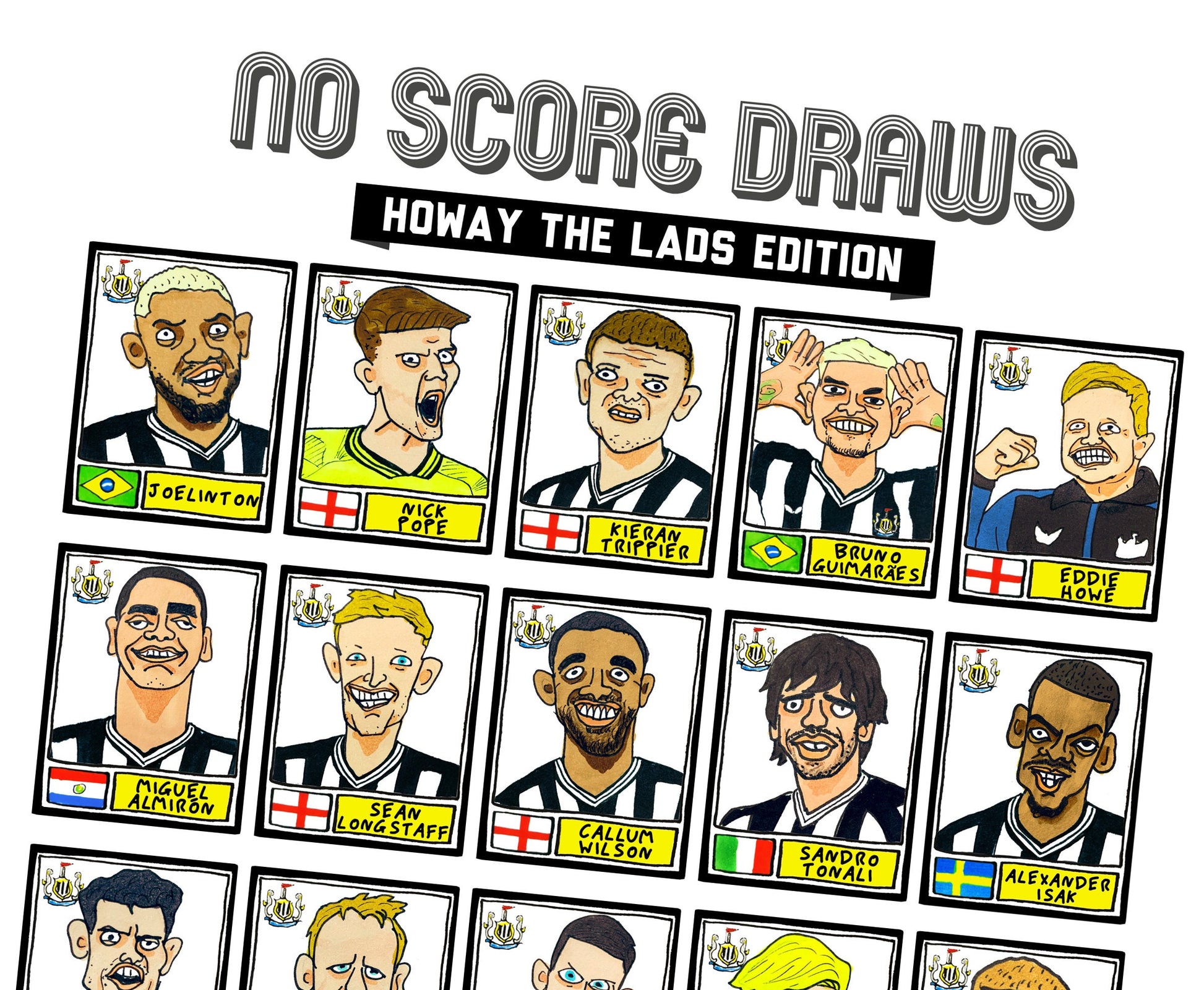 Newcastle United Vol 2 - No Score Draws Howay The Lads Edition - A3 print of 26 hand-drawn wonky doodles of NUFC's 22/23 Top Four Magpies