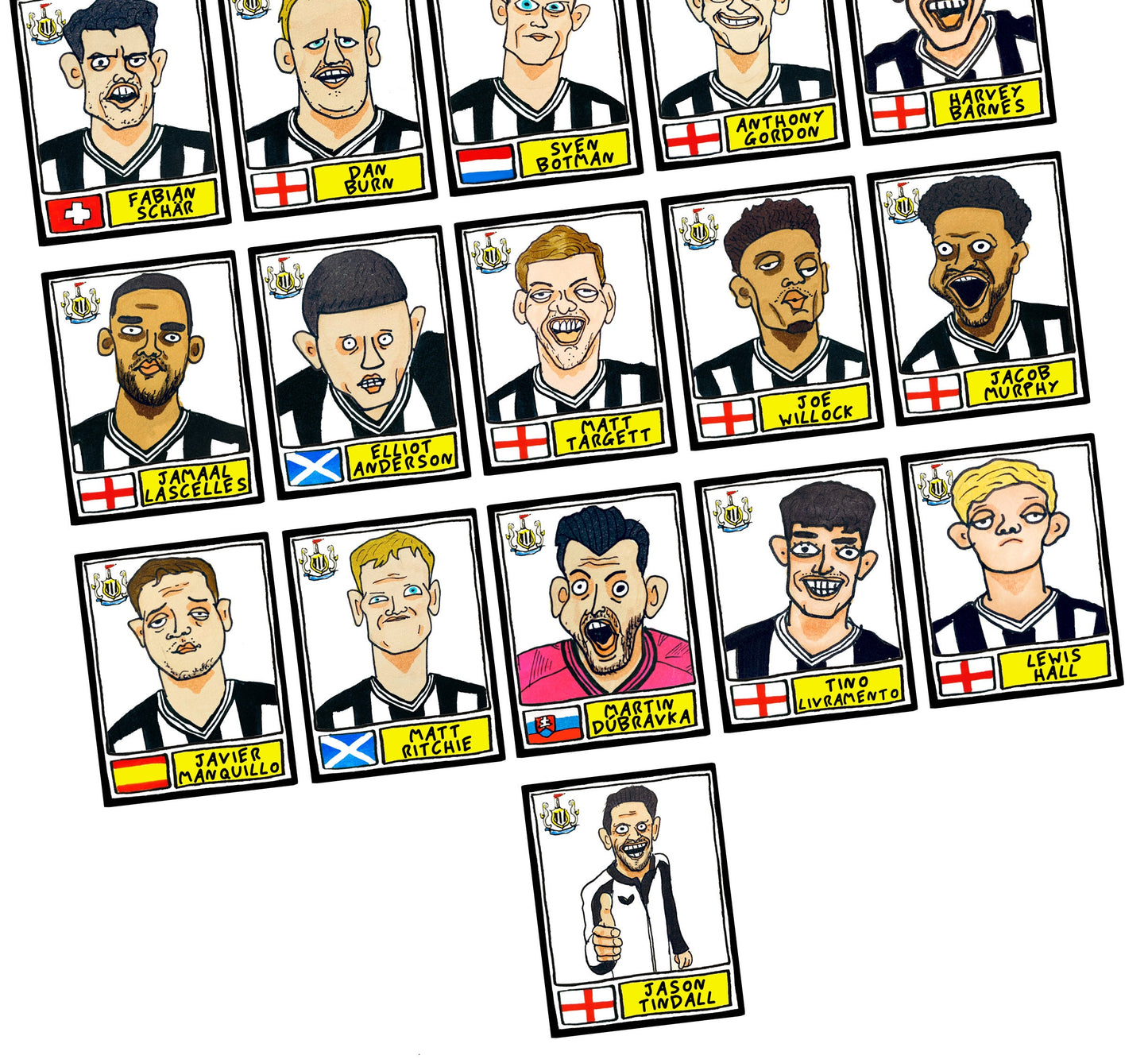 Newcastle United Vol 2 - No Score Draws Howay The Lads Edition - A3 print of 26 hand-drawn wonky doodles of NUFC's 22/23 Top Four Magpies