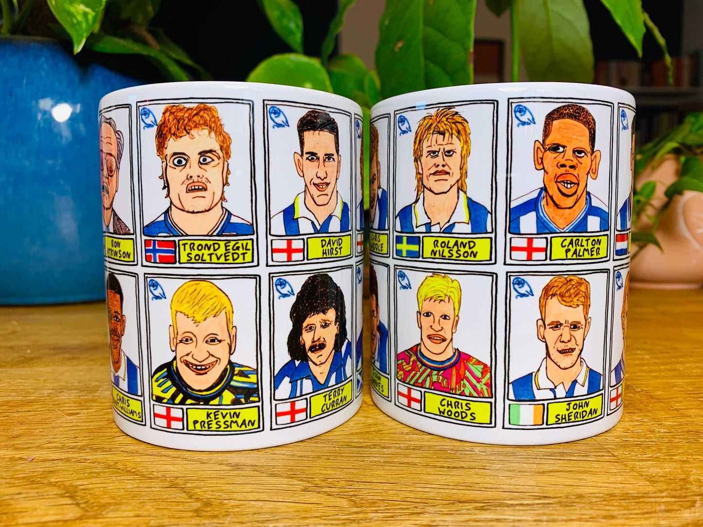 Sheffield Wednesday - Set of TWO 11oz Ceramic Mugs with Wonky Panini sticker-style No Score Draws Doodles of 24 Owls icons - SWFC