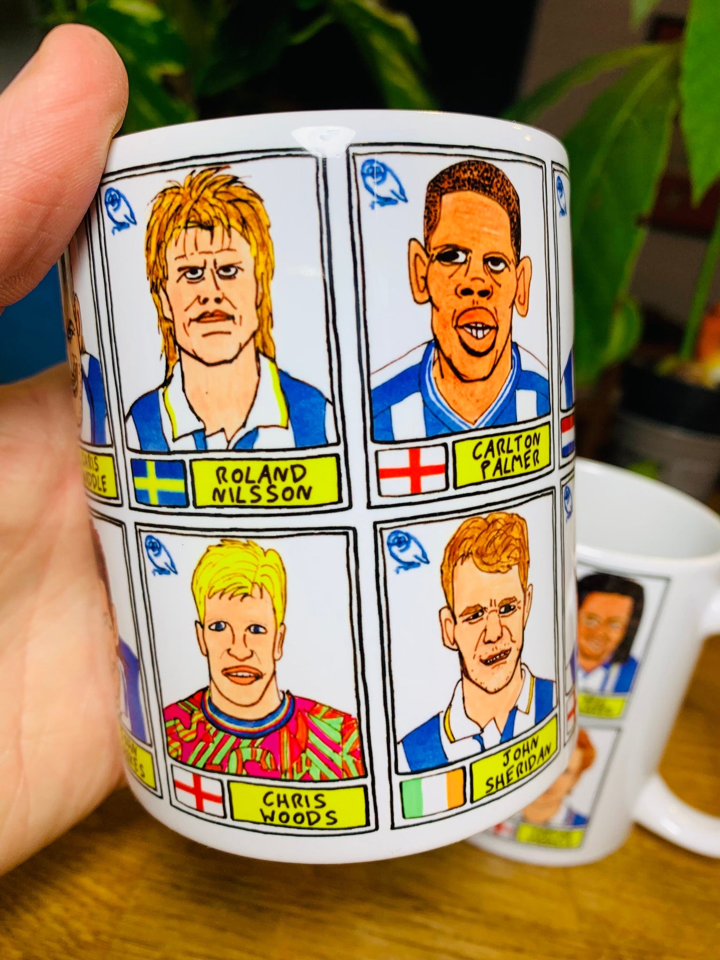 Sheffield Wednesday - Set of TWO 11oz Ceramic Mugs with Wonky Panini sticker-style No Score Draws Doodles of 24 Owls icons - SWFC