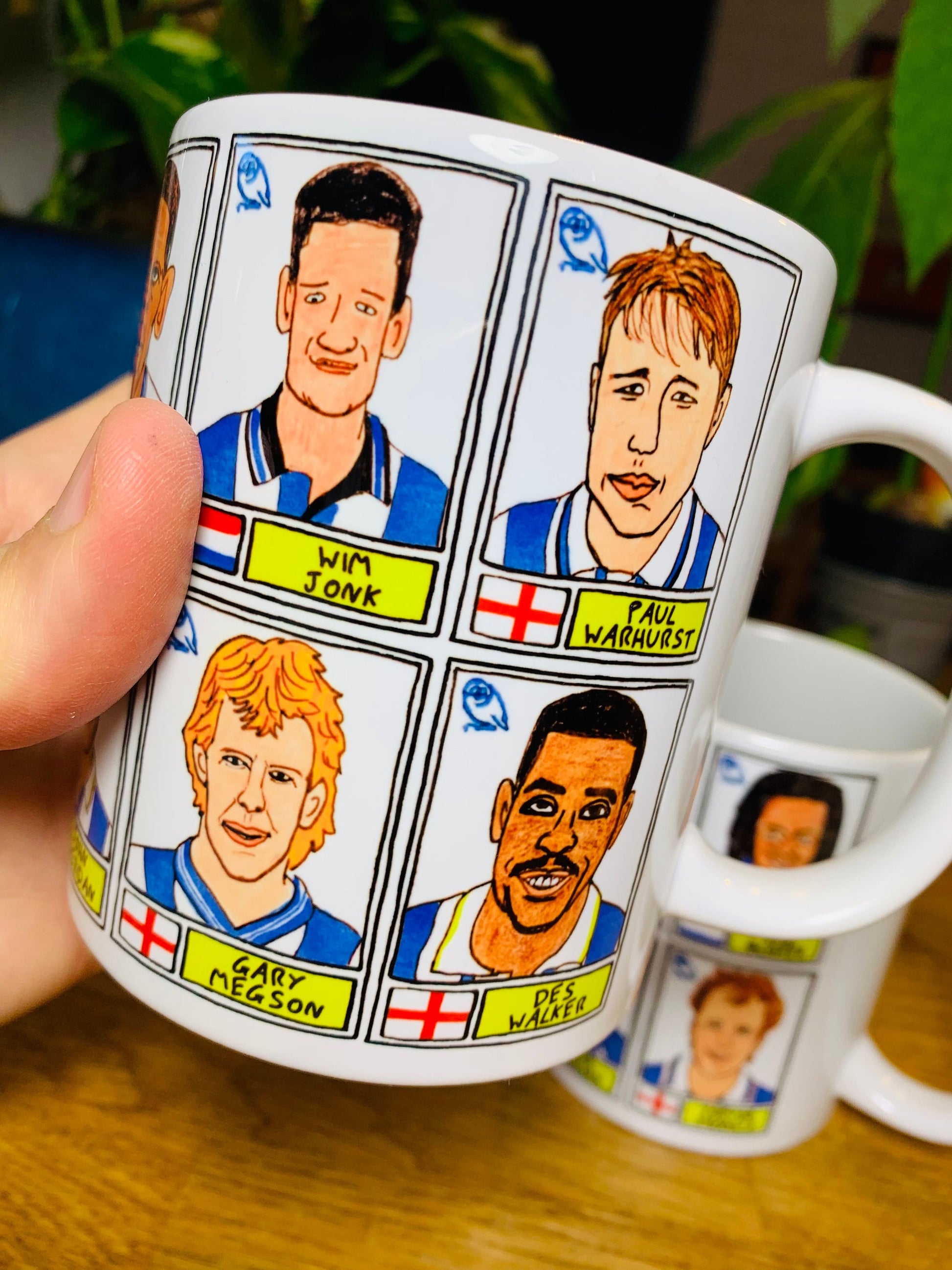 Sheffield Wednesday - Set of TWO 11oz Ceramic Mugs with Wonky Panini sticker-style No Score Draws Doodles of 24 Owls icons - SWFC