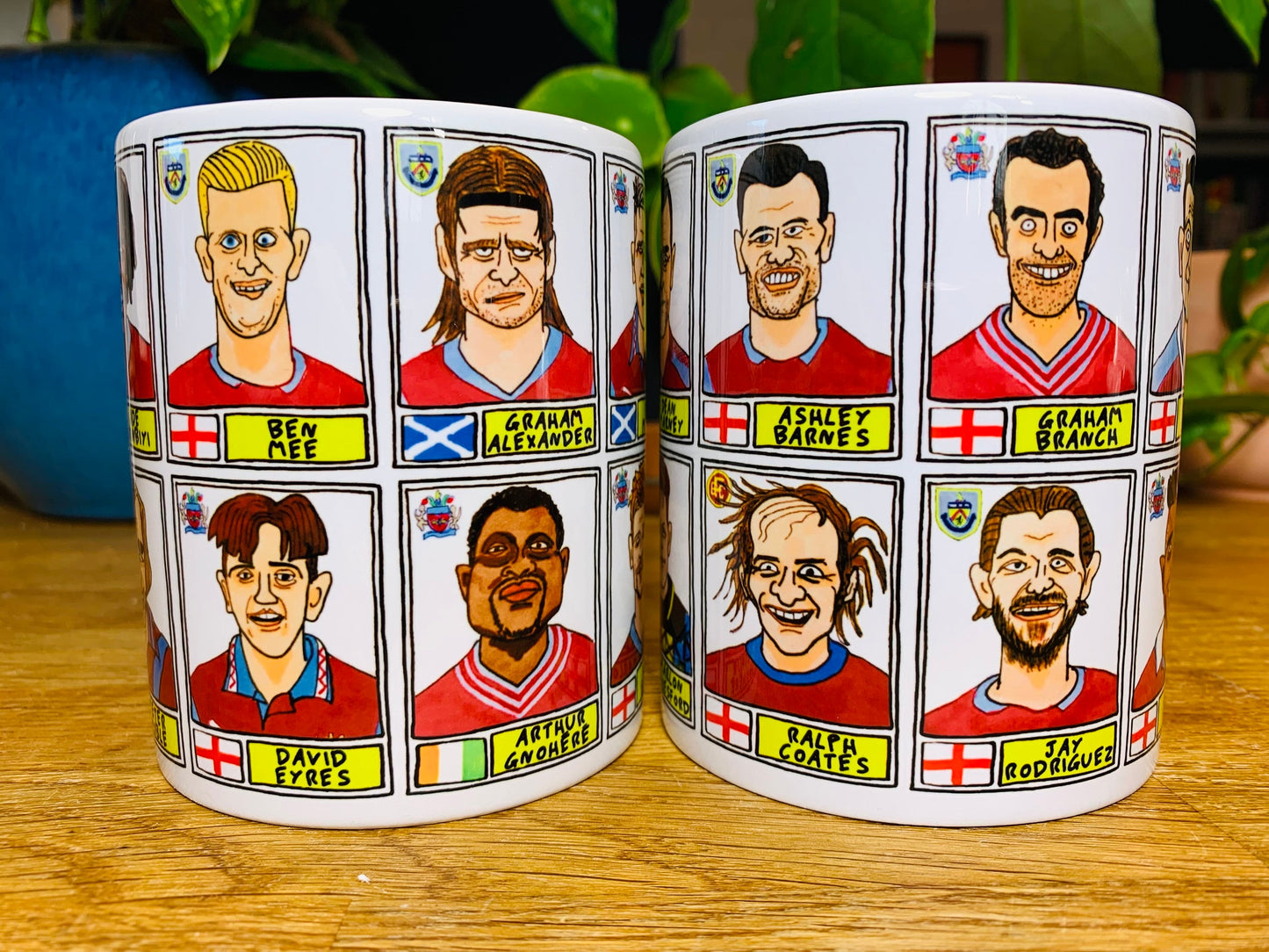 Burnley No Score Draws Mug Set - Set of TWO 11oz Ceramic Mugs with Wonky Panini sticker-style Clarets No Score Draws Doodles