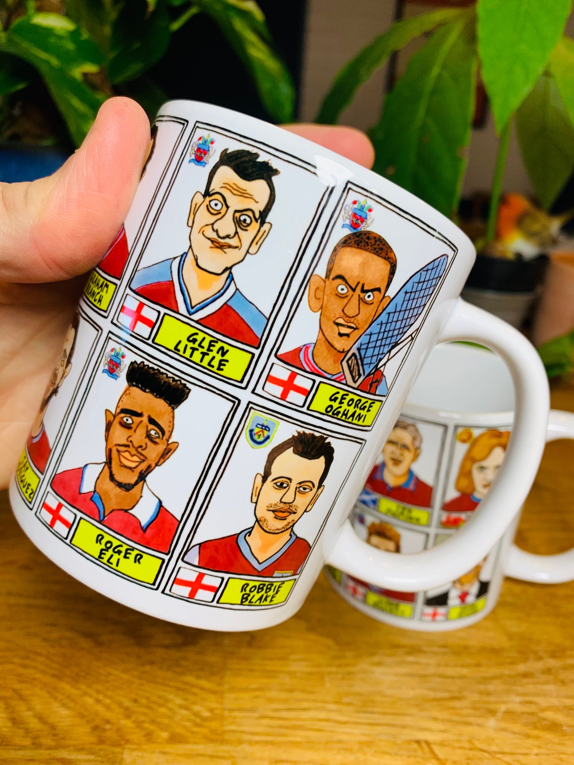 Burnley No Score Draws Mug Set - Set of TWO 11oz Ceramic Mugs with Wonky Panini sticker-style Clarets No Score Draws Doodles