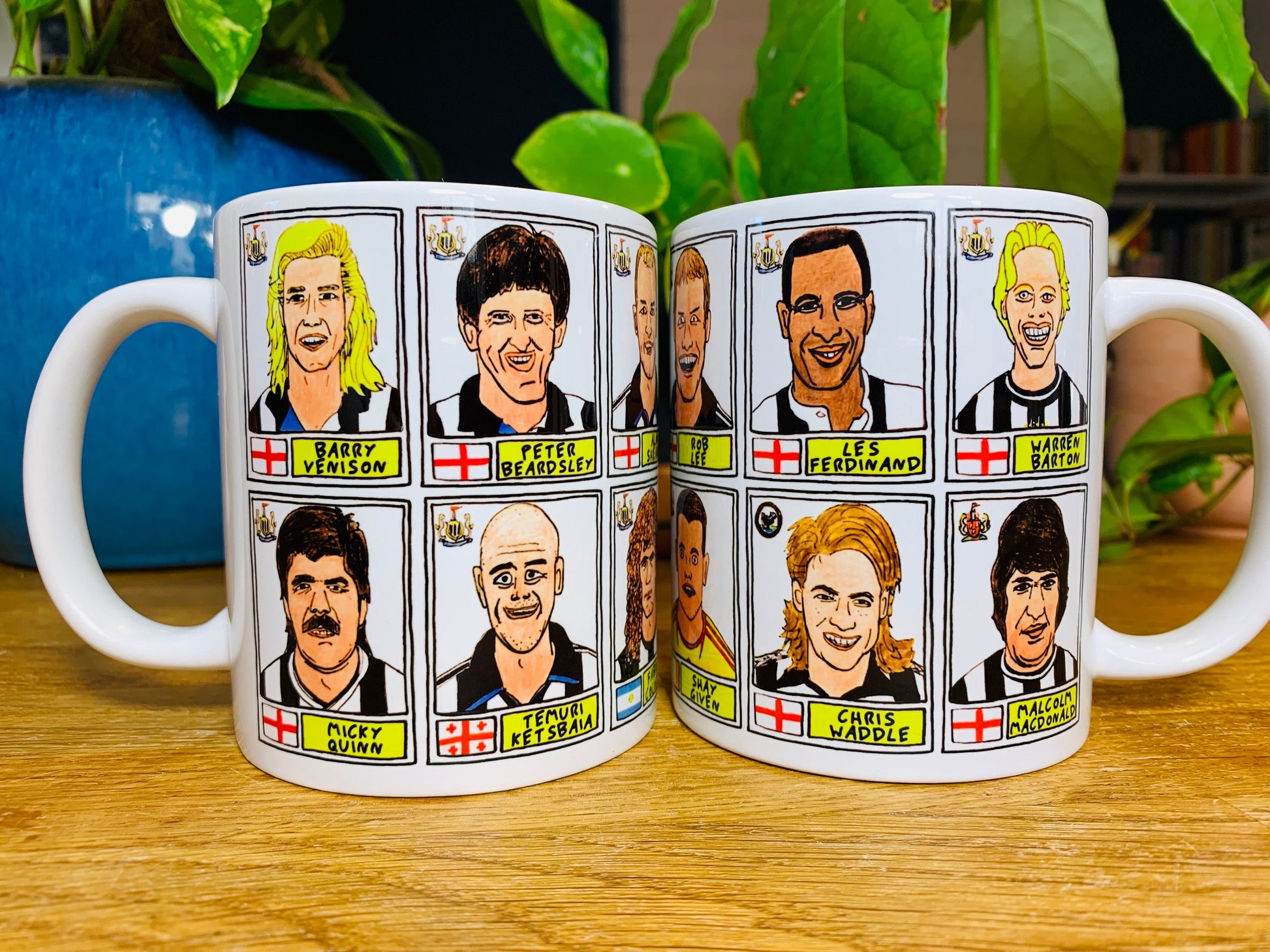 Newcastle United No Score Draws Mug Set - Set of TWO 11oz Ceramic Mugs with Wonky Panini sticker-style No Score Draws Doodles of NUFC icons