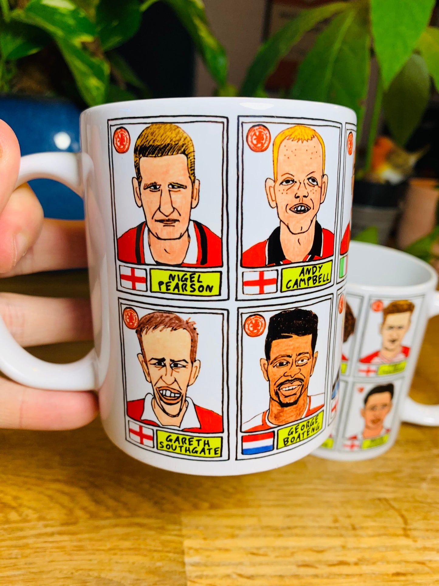 Middlesbrough No Score Draws Mug Set - Set of TWO 11oz Ceramic Mugs with Wonky Panini sticker-style No Score Draws Doodles of 24 Boro Icons