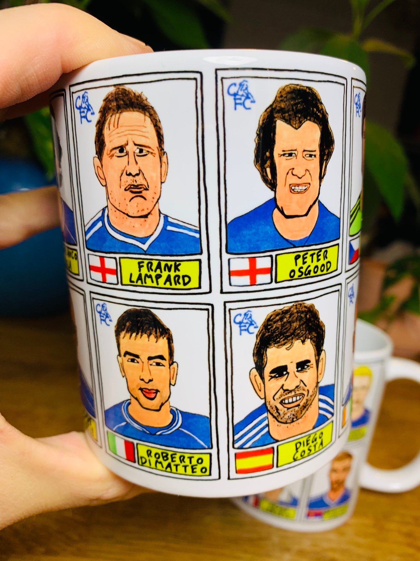 Chelsea No Score Draws Mug Set - Set of TWO 11oz Ceramic Mugs with Wonky Panini sticker-style No Score Draws Doodles of Chelsea icons