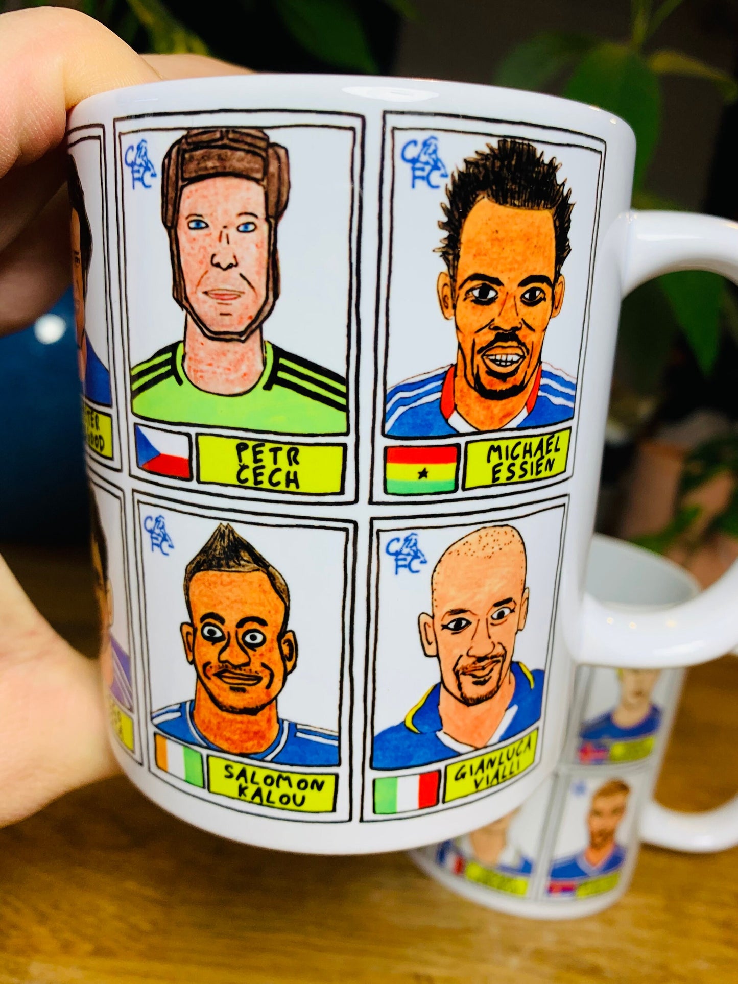 Chelsea No Score Draws Mug Set - Set of TWO 11oz Ceramic Mugs with Wonky Panini sticker-style No Score Draws Doodles of Chelsea icons