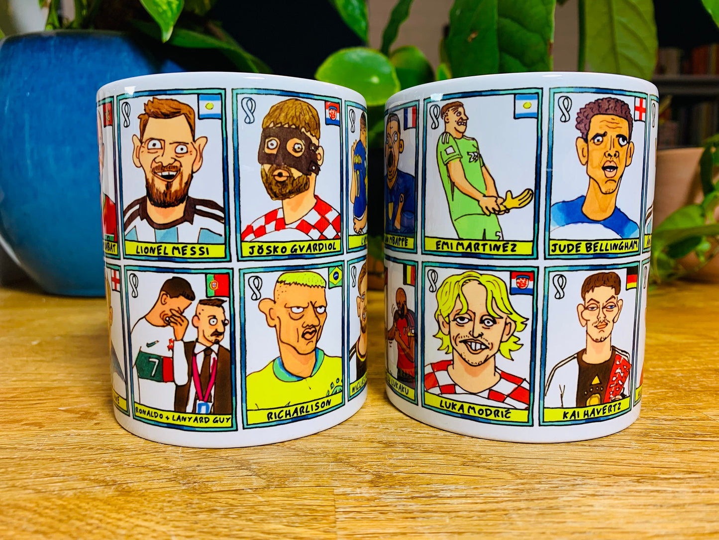 Qatar 2022 No Score Draws Mug Set - Set of TWO 11oz Ceramic Mugs with Wonky Panini sticker-style Doodles Of 24 Qatar 2022 Icons