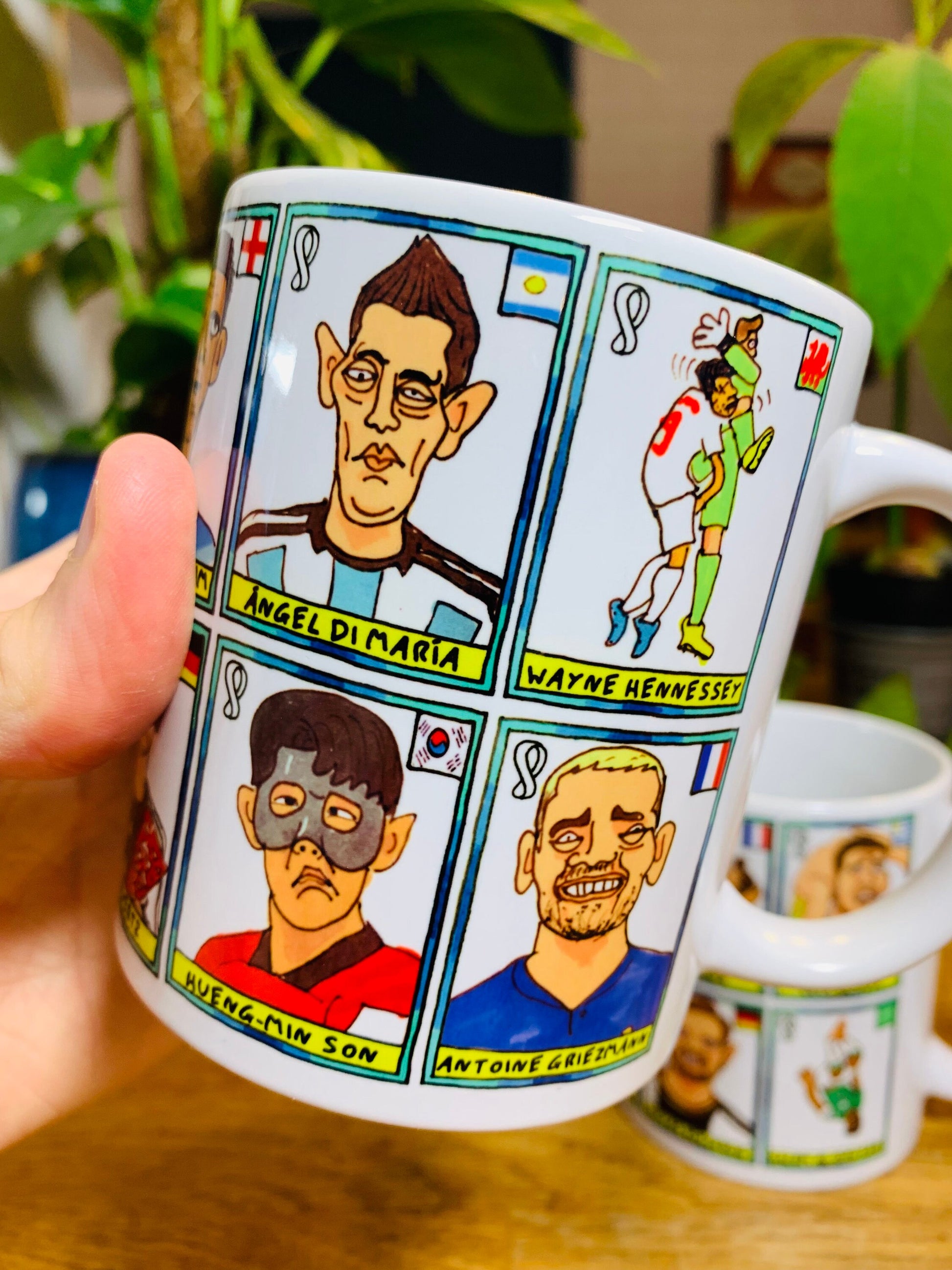 Qatar 2022 No Score Draws Mug Set - Set of TWO 11oz Ceramic Mugs with Wonky Panini sticker-style Doodles Of 24 Qatar 2022 Icons