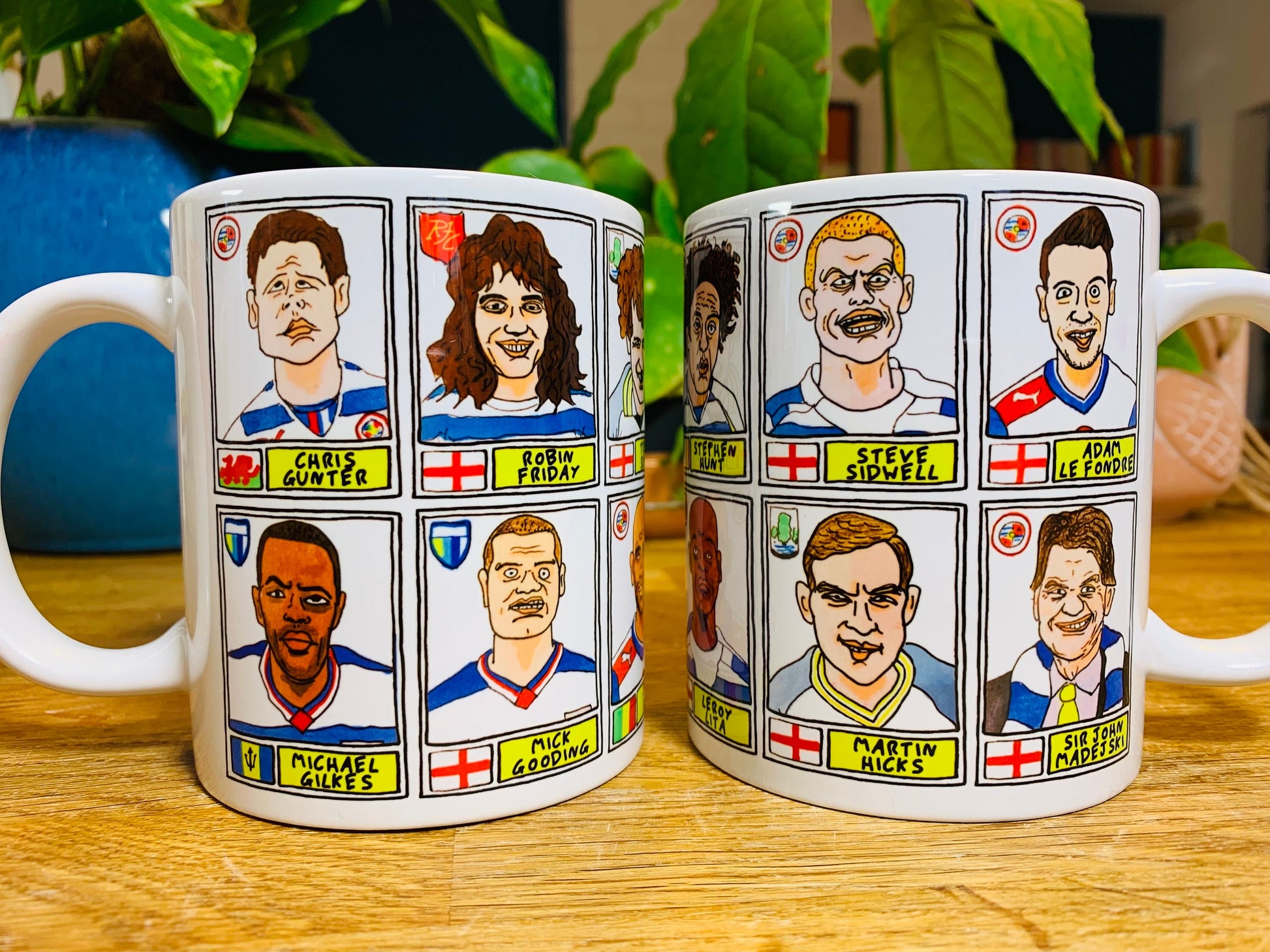 Reading No Score Draws Mug Set - Set of TWO 11oz Ceramic Mugs with Wonky Panini sticker-style No Score Draws Doodles of Royals icons